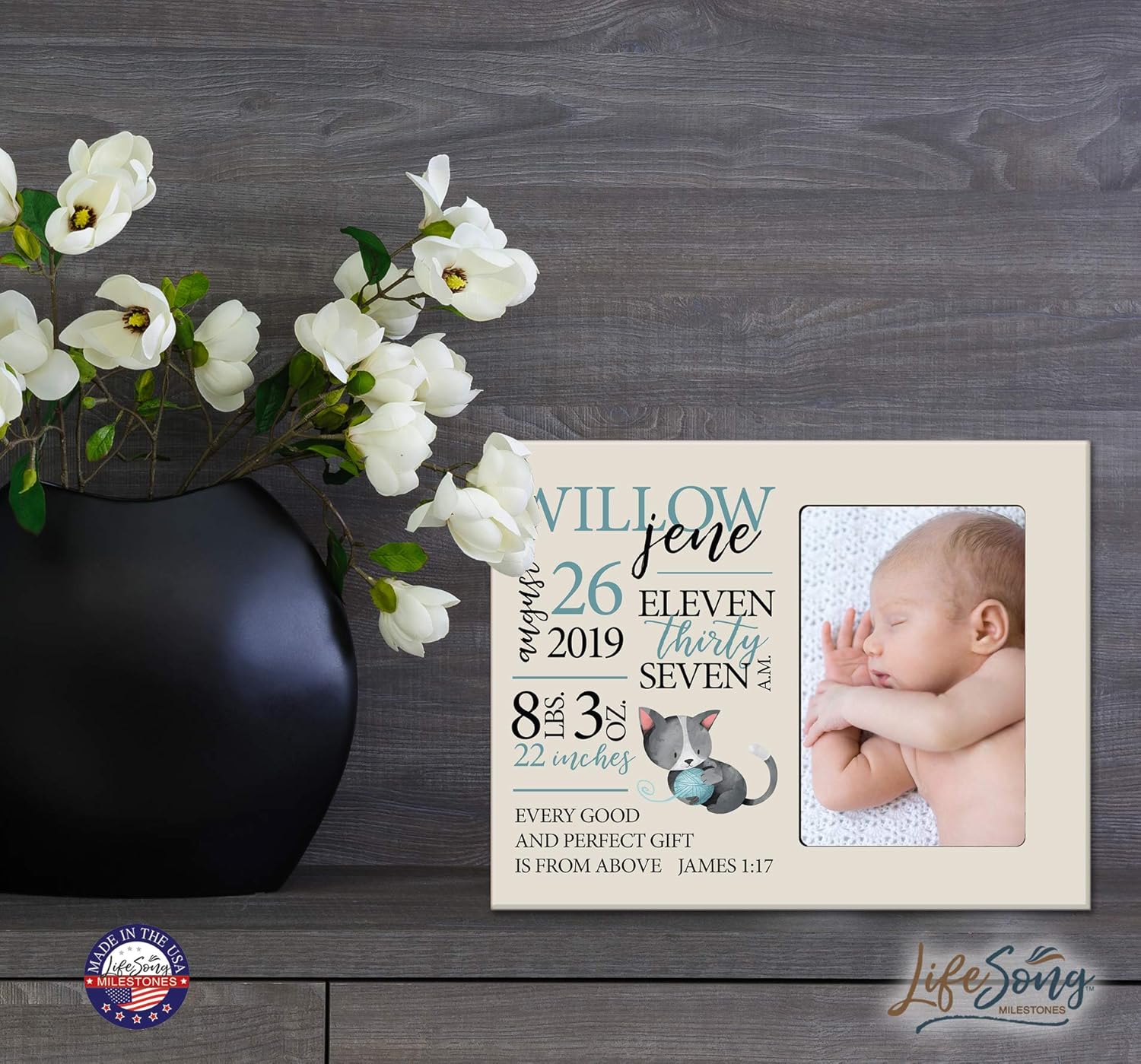 LifeSong Milestones Personalized Baby Birth Arrival Announcement - Newborn Stats Kitten Nursery Picture Frame Decor for Boys and Girls 8” x 10” Frame Holds 4” x 6” Photo (Ivory)
