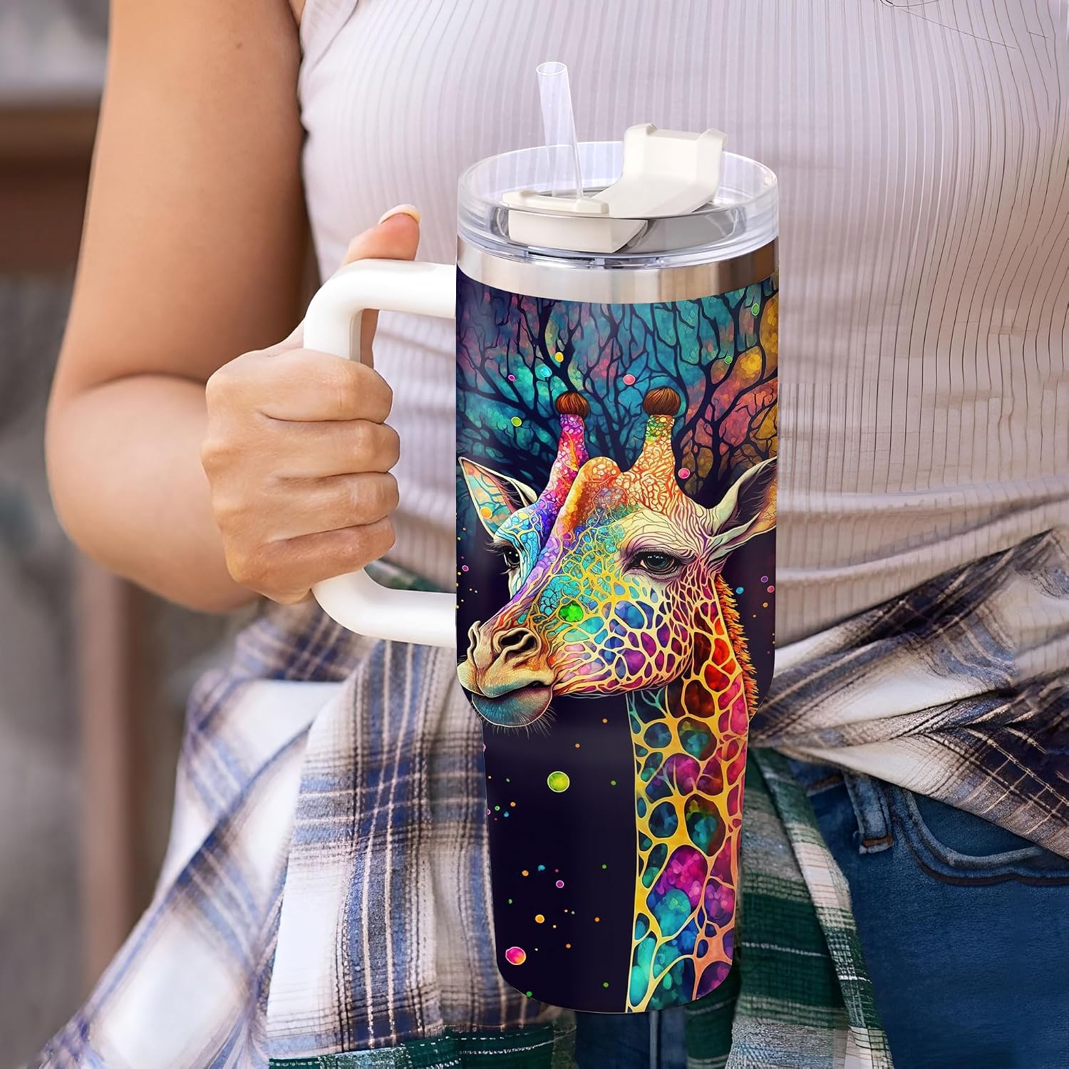 Hyturtle Personalized Gift For Giraffe Lovers - Custom Name Tumbler 40oz With Handle And Straw, Stainless Steel Travel Coffee Cup With Lid - Cute Animal Lovers For Her, Women, Girl On Birthday