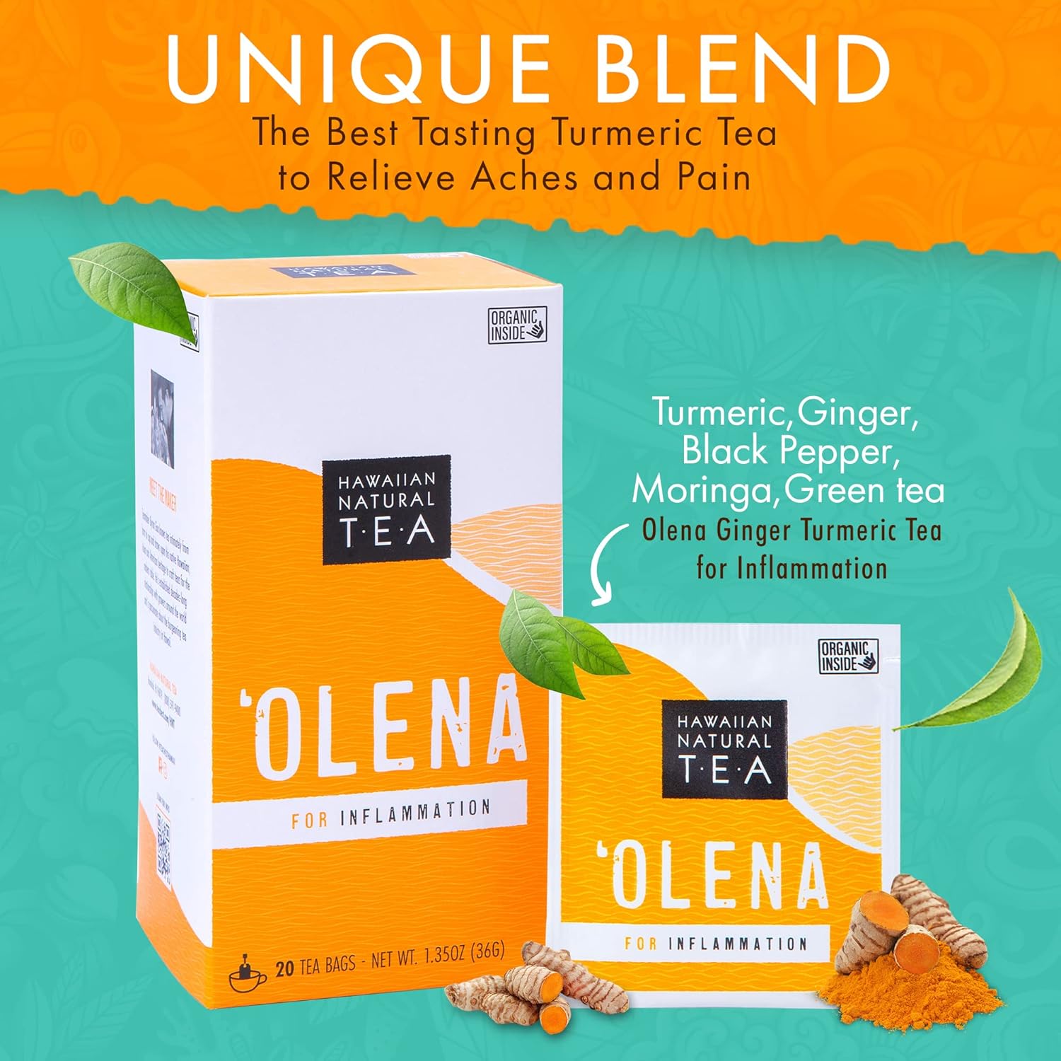 Olena Turmeric Tea, Herbal Green Tea Blend, All-Natural and Antioxidant-Rich Wellness Tea with Ginger and Black Pepper, Vegan and Keto-Friendly, 60 Tea Bags - Hawaiian Natural Tea