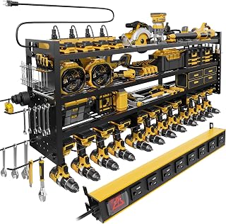 Large 49''Wide Power Tool Organizer Wall Mount, Charging Station | 8 Dust-Protected TR Outlets | 620lb Capacity 4-Tier Garage Storage Rack | 12 Cordless Drill Holders | Holds 30+ Tools