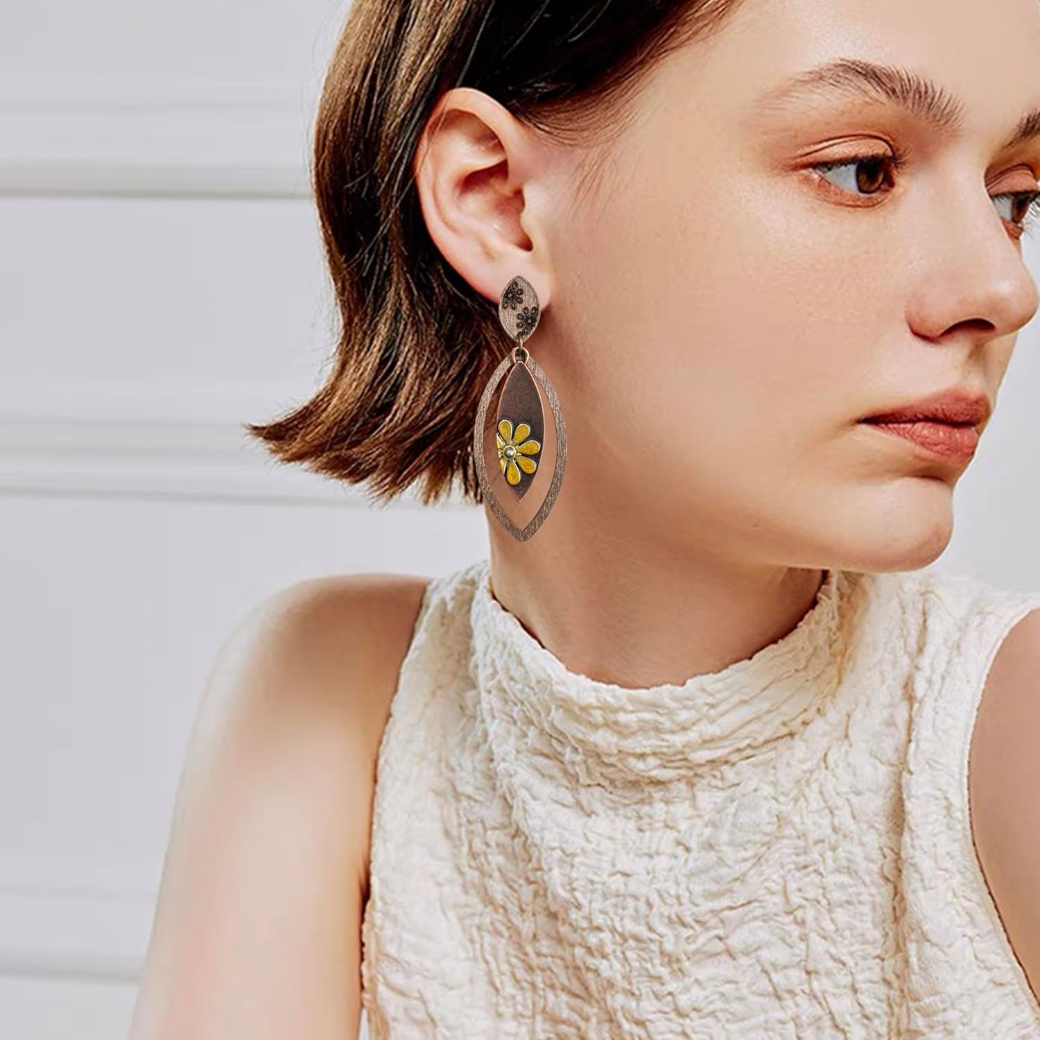 Bohemian Handmade Vintage Copper Wood Leaf Flower Geometry Dangle Drop Earrings Sunflower Stud Earrings For Women - Image 3