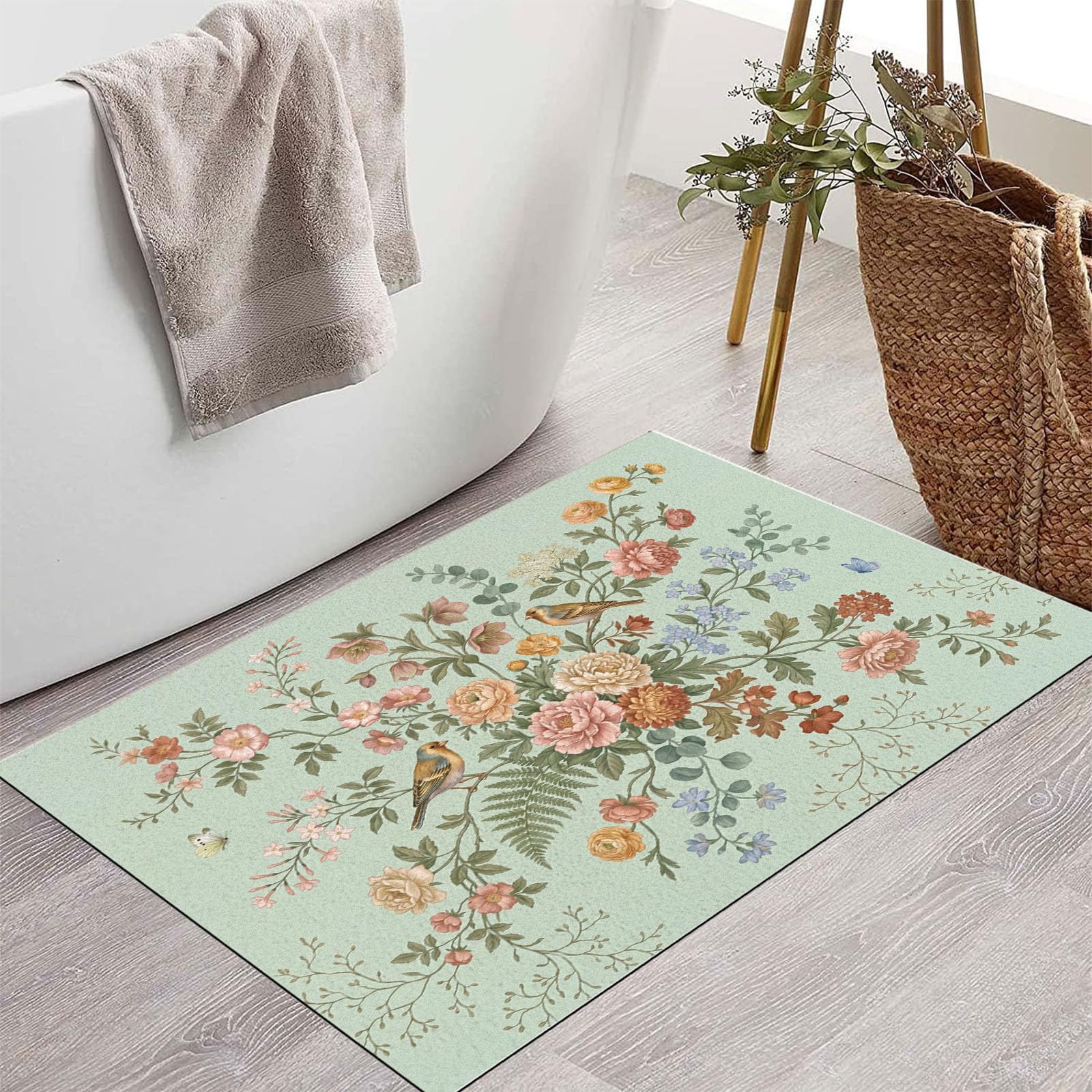 Felpudo Ultrafino Para Interiores,80X120Cm,Flores Orientales Sencillas Pájaros Alfombra Antideslizante Lavable Para Entrada,Plantas Naturales Retro Felpudo De Perfil Bajo,Atrapa Suciedad,Verde Salvia