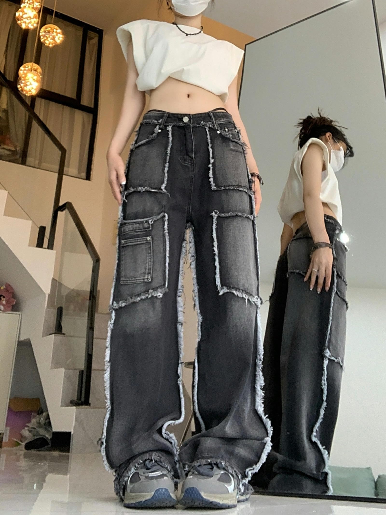 Pantaloni Cargo retrò per Donna Autunno Nuovi Pantaloni Jeans Casual a Vita Alta per Donna Moda Coreana Pantaloni Neri Jeans Donna-Nero Grigio-M