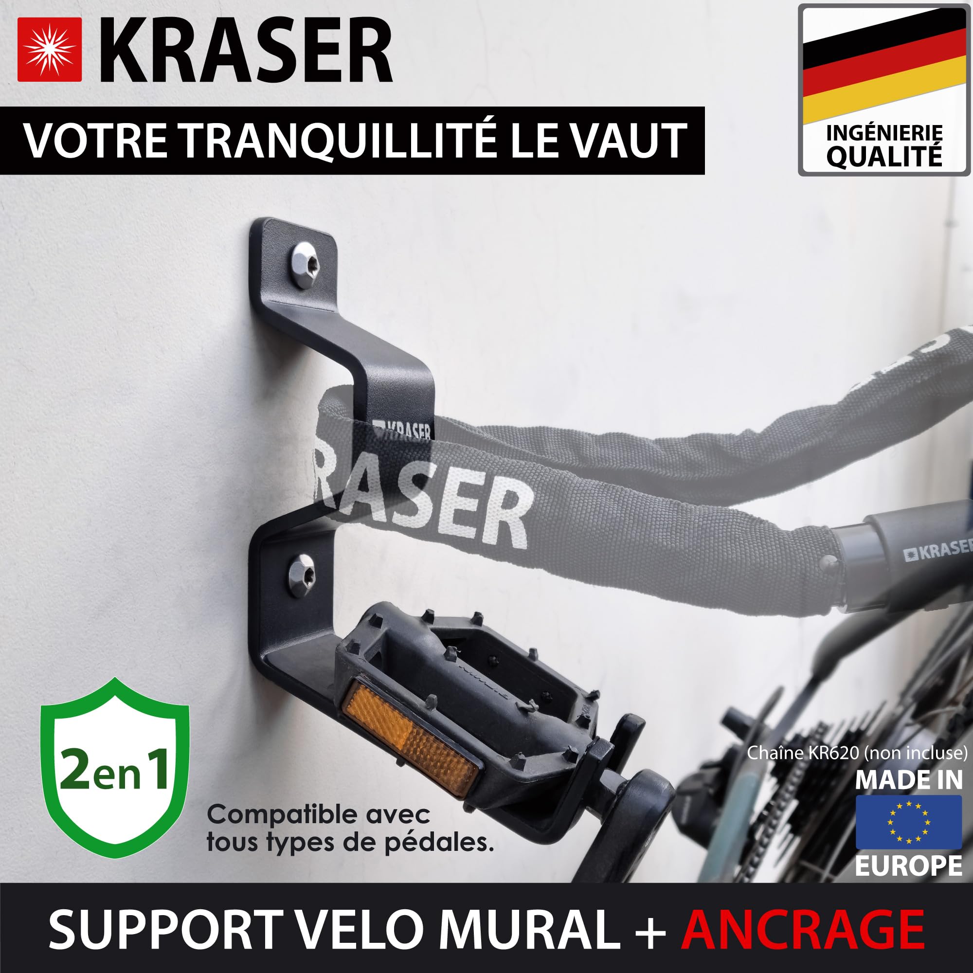 KRASER KR42P Support Velo Mural avec Ancrage Antivol 2en1 | Fixation par Pédale avec Point pour Chaîne | Double Appui Roue, Acier Renforcé 5 mm | Ancrage Mural Compatible Garage Vélo Électrique VTT