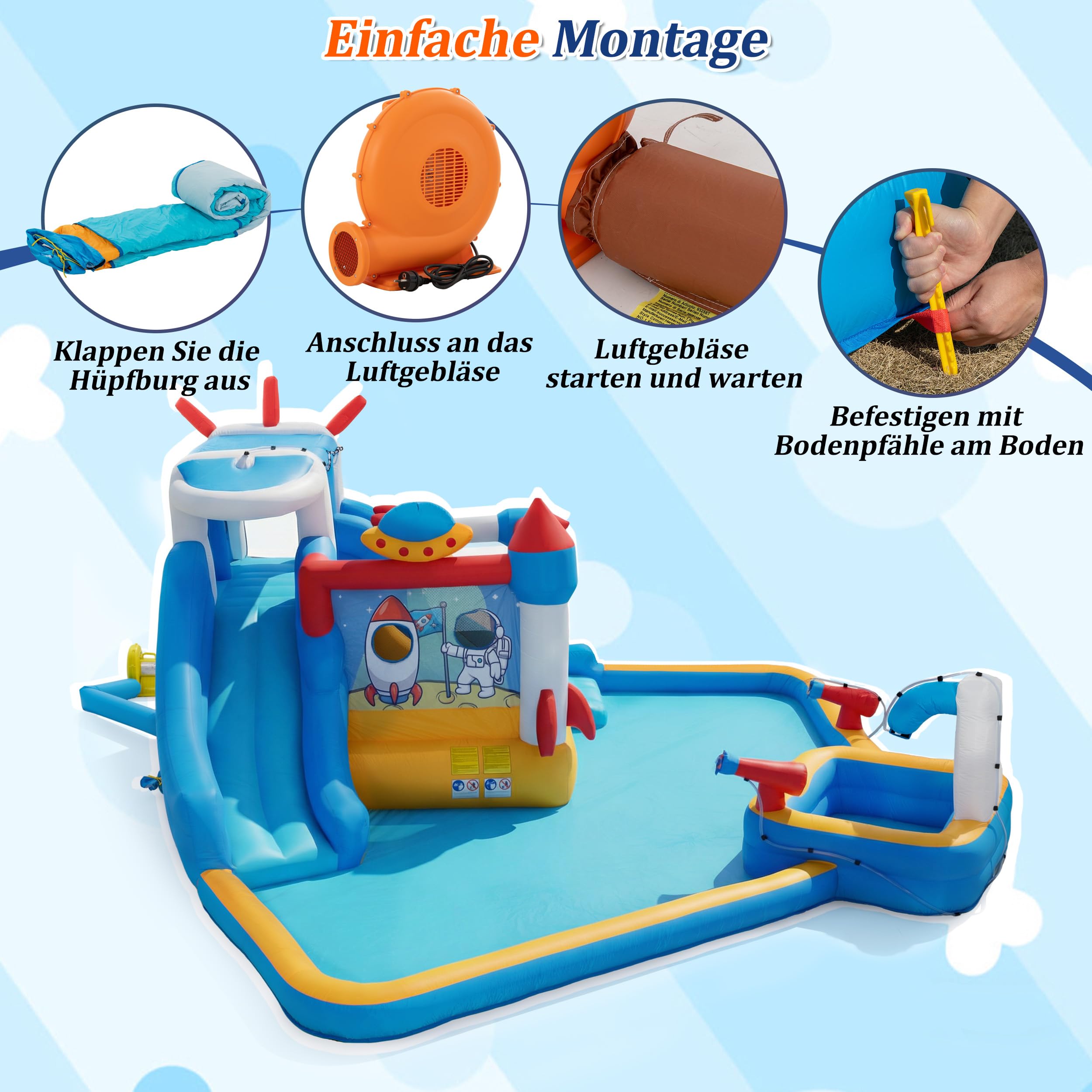 UEV Aufblasbarer 6-in-1 Hüpfburg XXL mit Gebläse 580W, Trocken-/Wasserrutsche, Wasserpark Groß for Indoor & Outdoor,Raketen-Thema, EN71-1/2/3, geeignet für Kinder von 3 bis 10 Jahren, 452x437x213cm