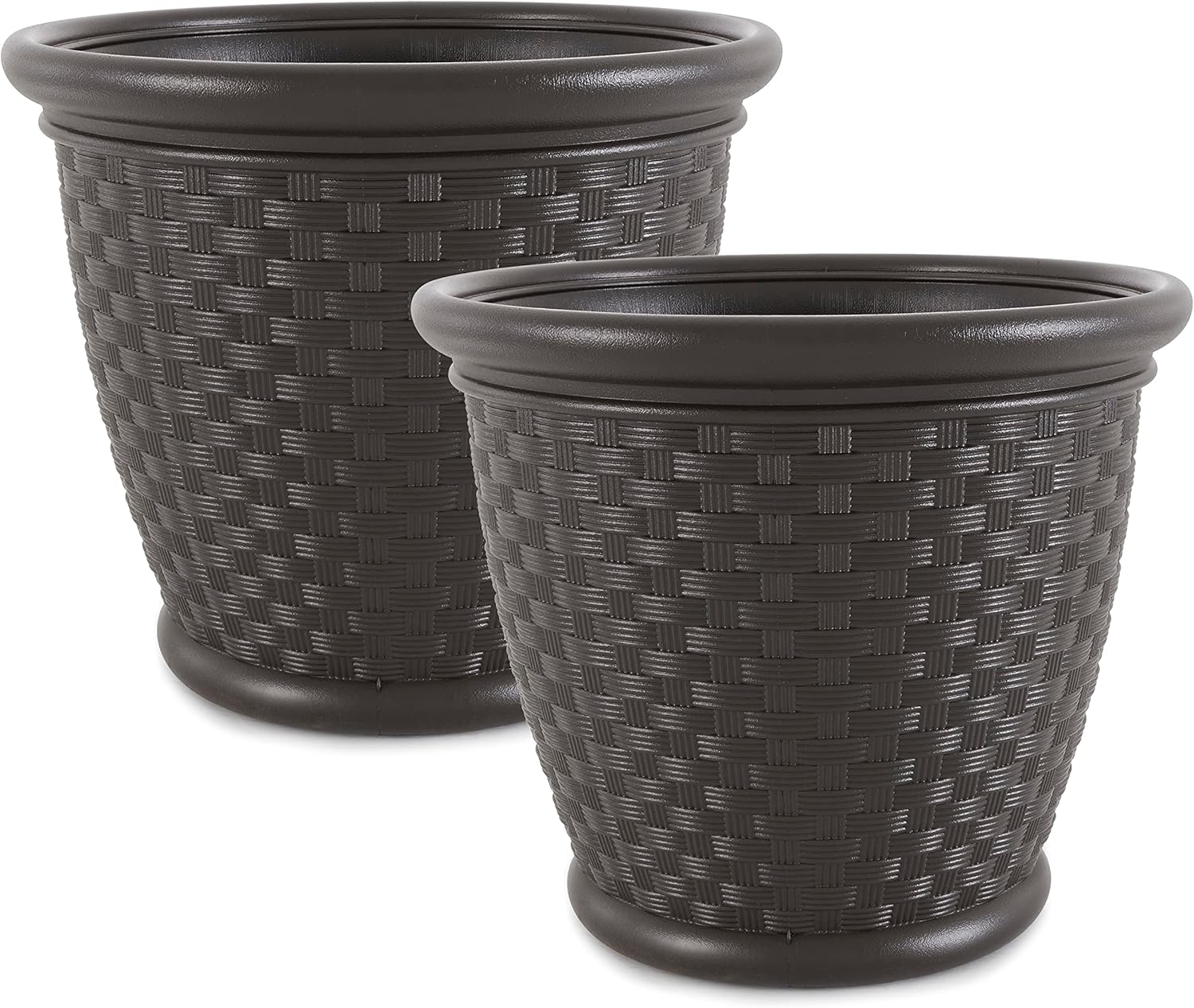 Suncast 2 Pack Sonora 18 Inch Lightweight Durable Plastic Wicker Decorative Flower Planter Pot for Yard, Garden, Indoor or Outdoor Use, Brown
