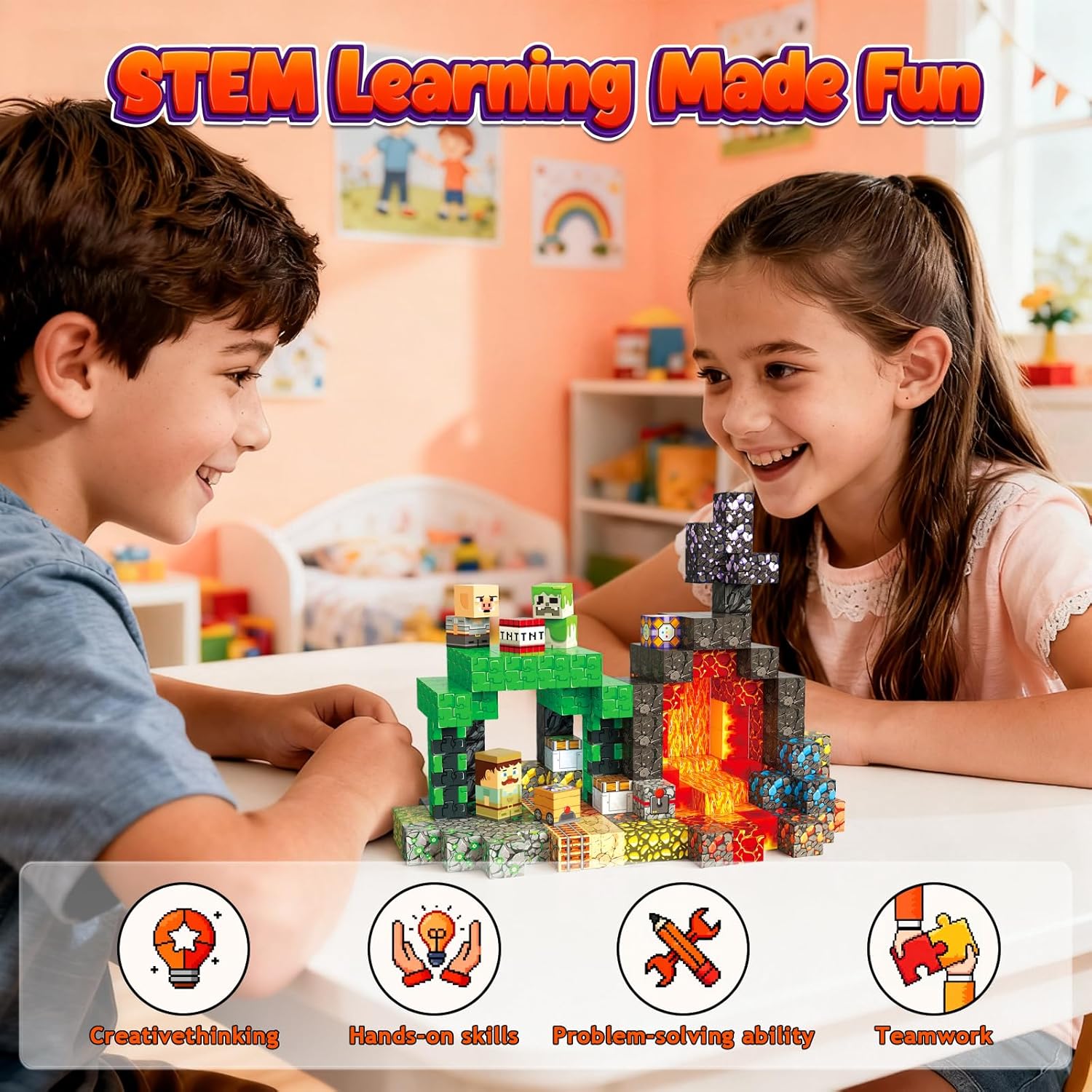 200PCS 0.8inch Magnetic Building Blocks STEM Toy for Kids 3+ Toddler Educational Construction Gift for Boys & Girls (Lava Cave-200pcs)