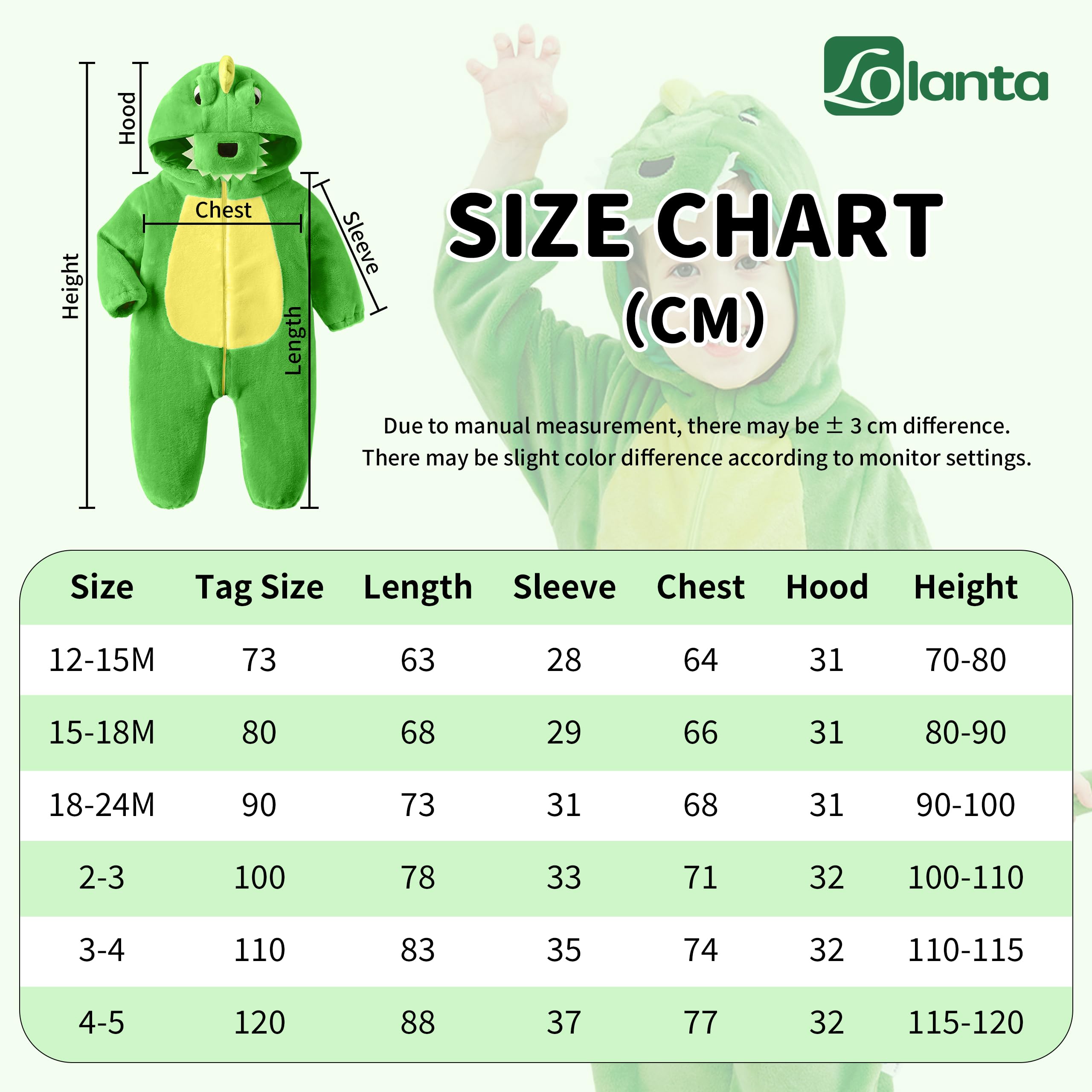LOLANTA Costume da Dinosauro per Bambino, Costume in Pile Felpa con Cappuccio a Forma di Dinosauro (Verde,18-24 mesi