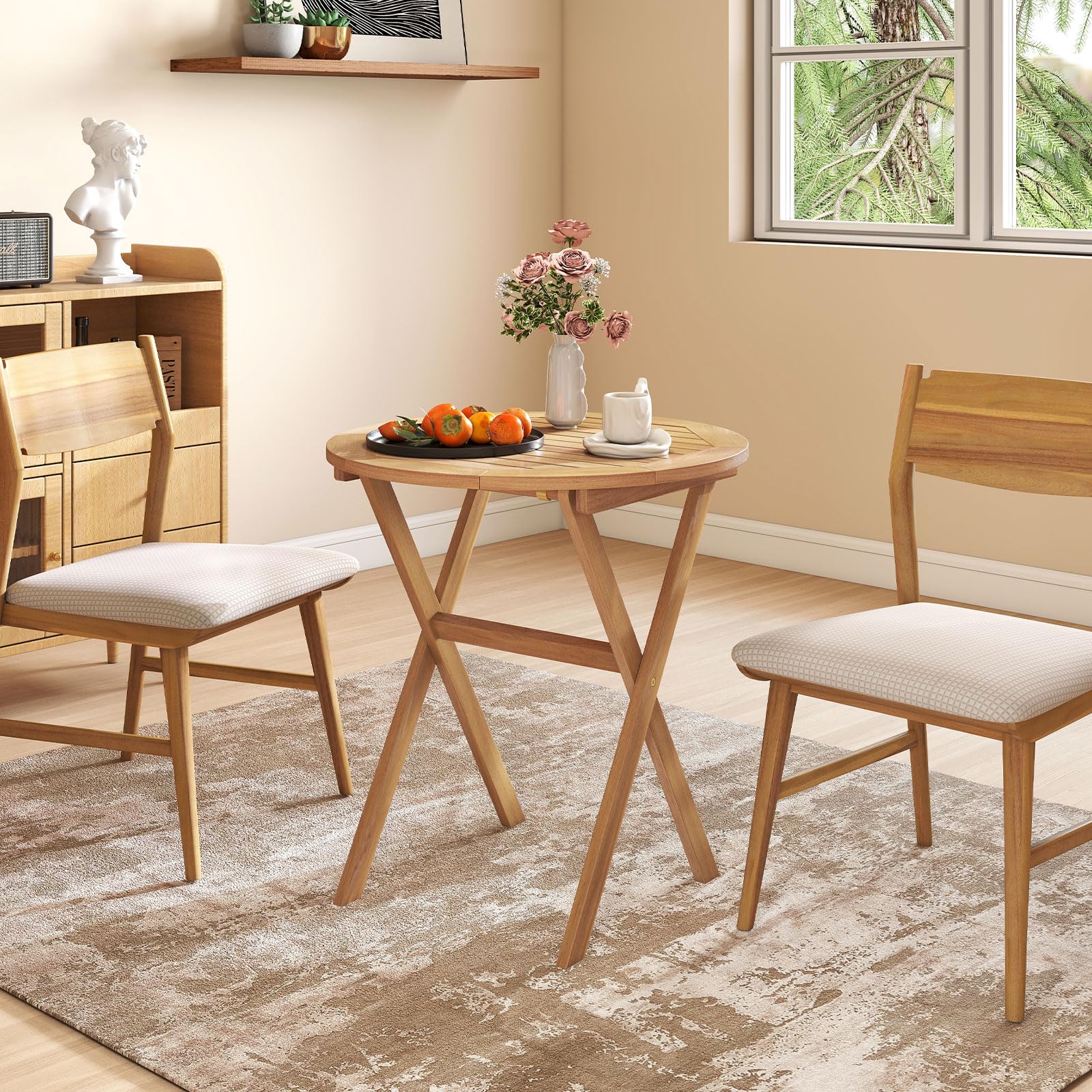 GIANTEX Tavolo rotondo pieghevole in legno di Acacia, tavolo da giardino rotondo, vassoio per doghe struttura a X, barre trasversali rinforzate, chiusura e 2 ganci, per balcone, terrazza, campeggio