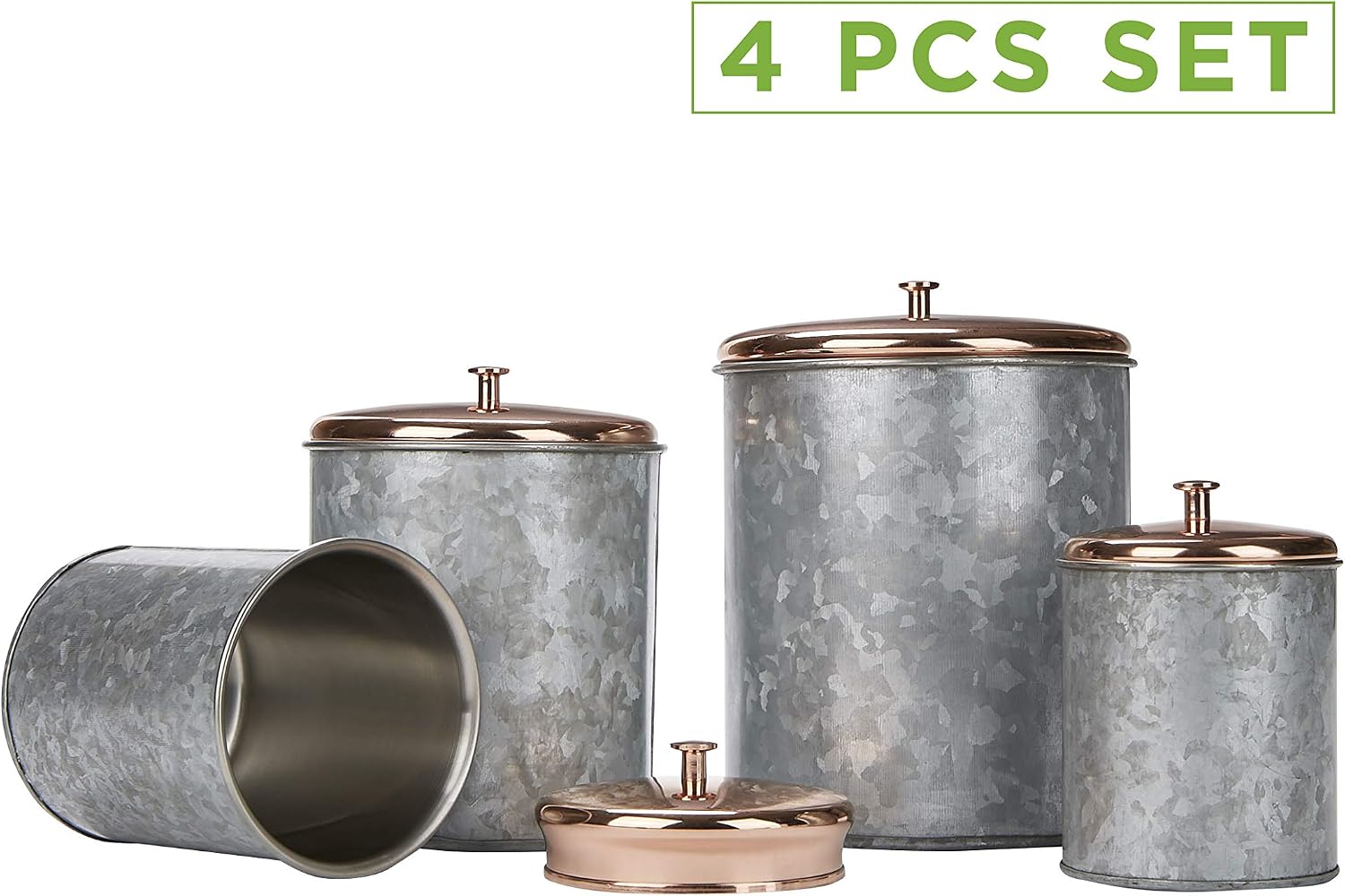 Mind Reader Double Wall Galvanized Set with Lid, Canisters, Food Storage Containers, Kitchen, Coffee, Cookies, Candy, Sugar, 4 Piece, One Size, Silver/Gold