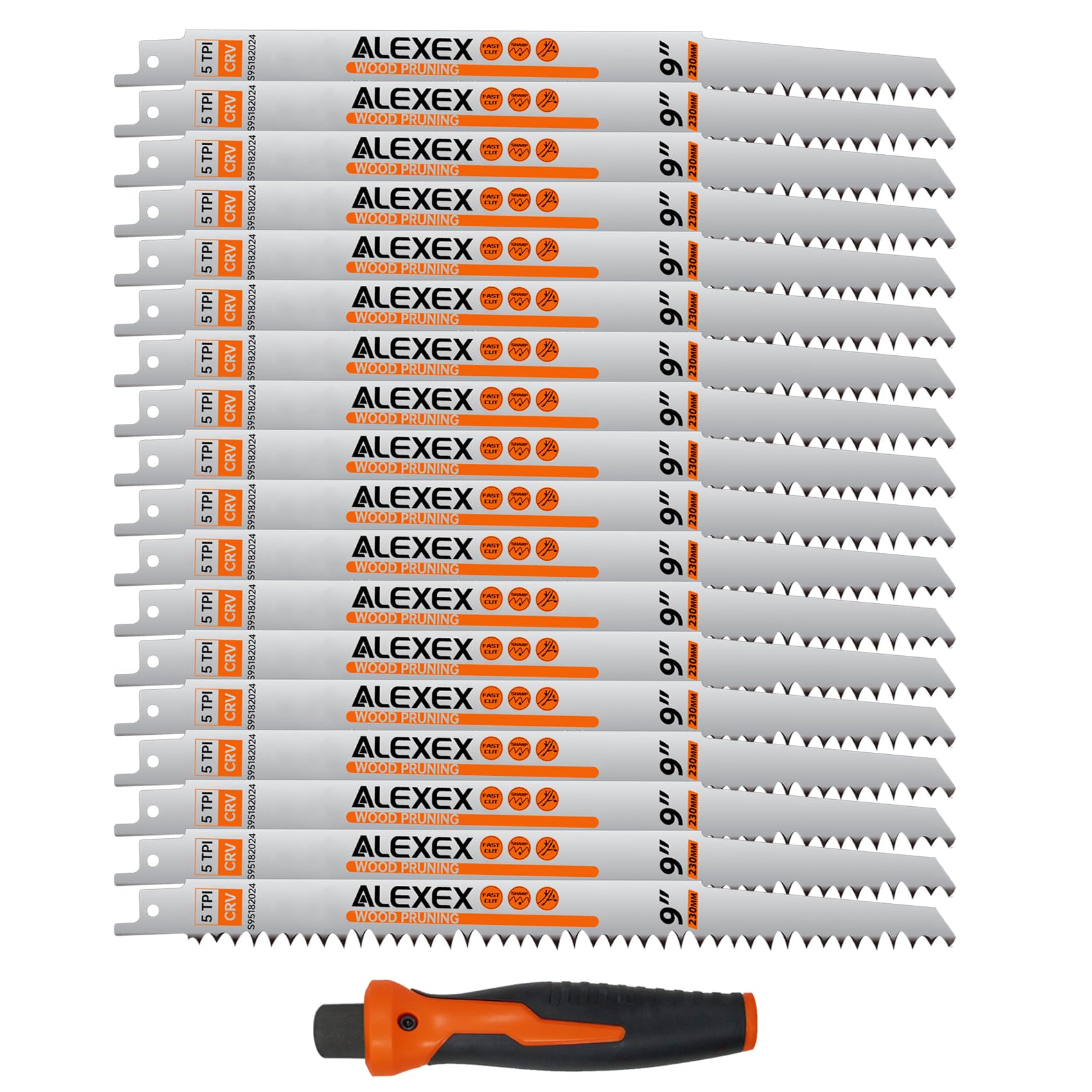 ALEXEX Paquete de 18 hojas de sierra alternante de poda de madera de 9 pulgadas con mango, hojas de sierra alternantes de 5TPI para cortar madera, madera húmeda, podar árboles, acero al cromo vanadio