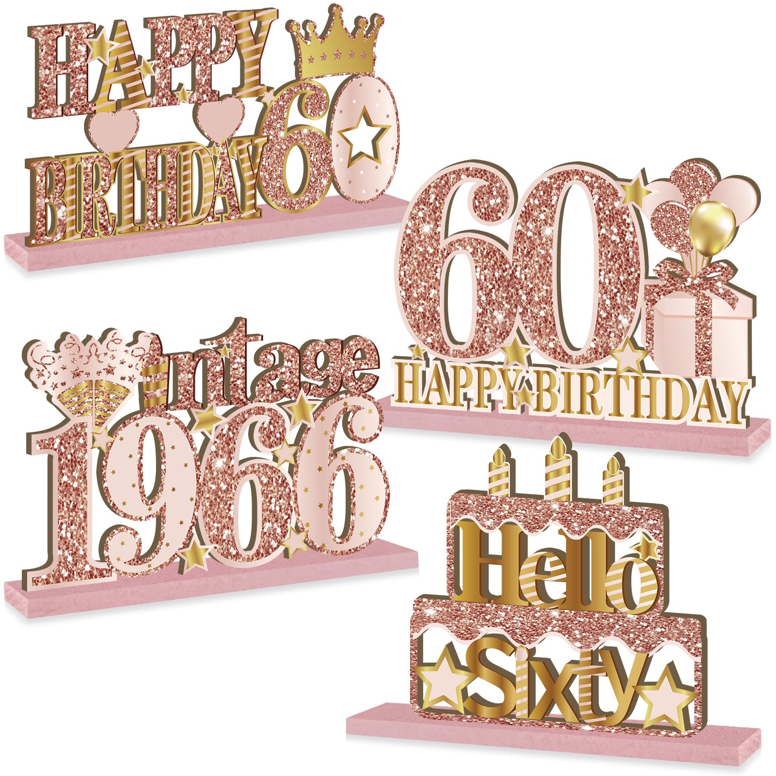 Yatufom 4 Pieces 60th Birthday Vintage 1966 Wooden Table Centerpieces Decoration for Women, Pink Rose Gold Happy 60 Birthday Table Sign Party Supplies