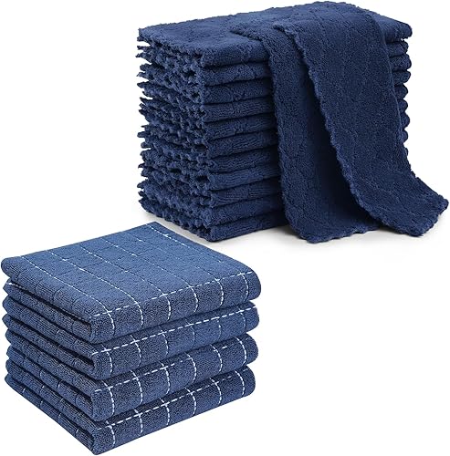 Homaxy Paquete de 16 paños de cocina, 100% algodón de rizo a cuadros, color azul marino, 13 x 28 pulgadas y 12 paños de cocina de terciopelo coral