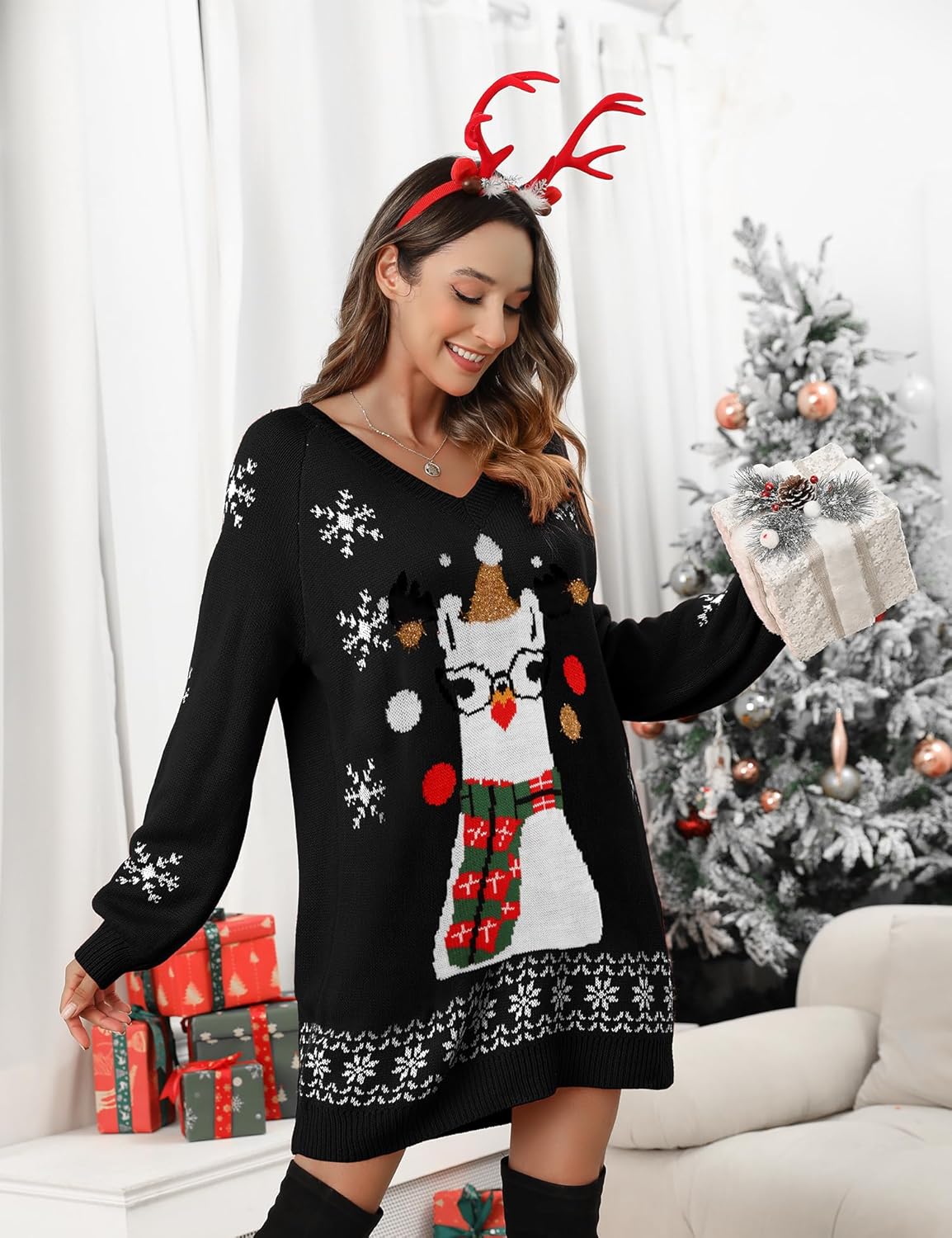 Women's Ugly Christmas V Neck Oversize Sweater Dress Long Sleeve Loose Holiday Knit Xmas Mini Dress. - Image 4