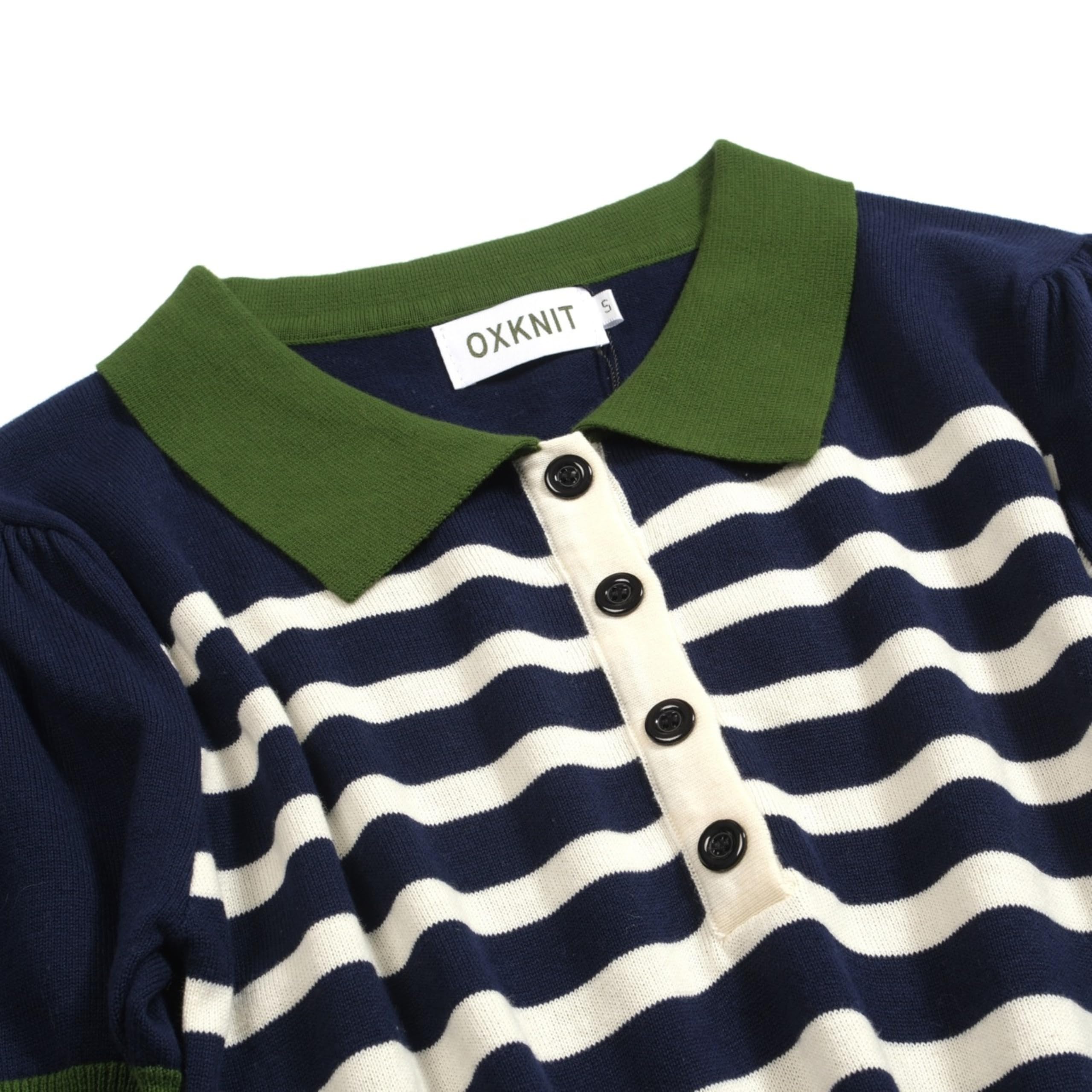 OXKNIT Poloshirt Damen Vintage Dunkelblau Gestreiftes Strickpolo mit Puff Ärmel