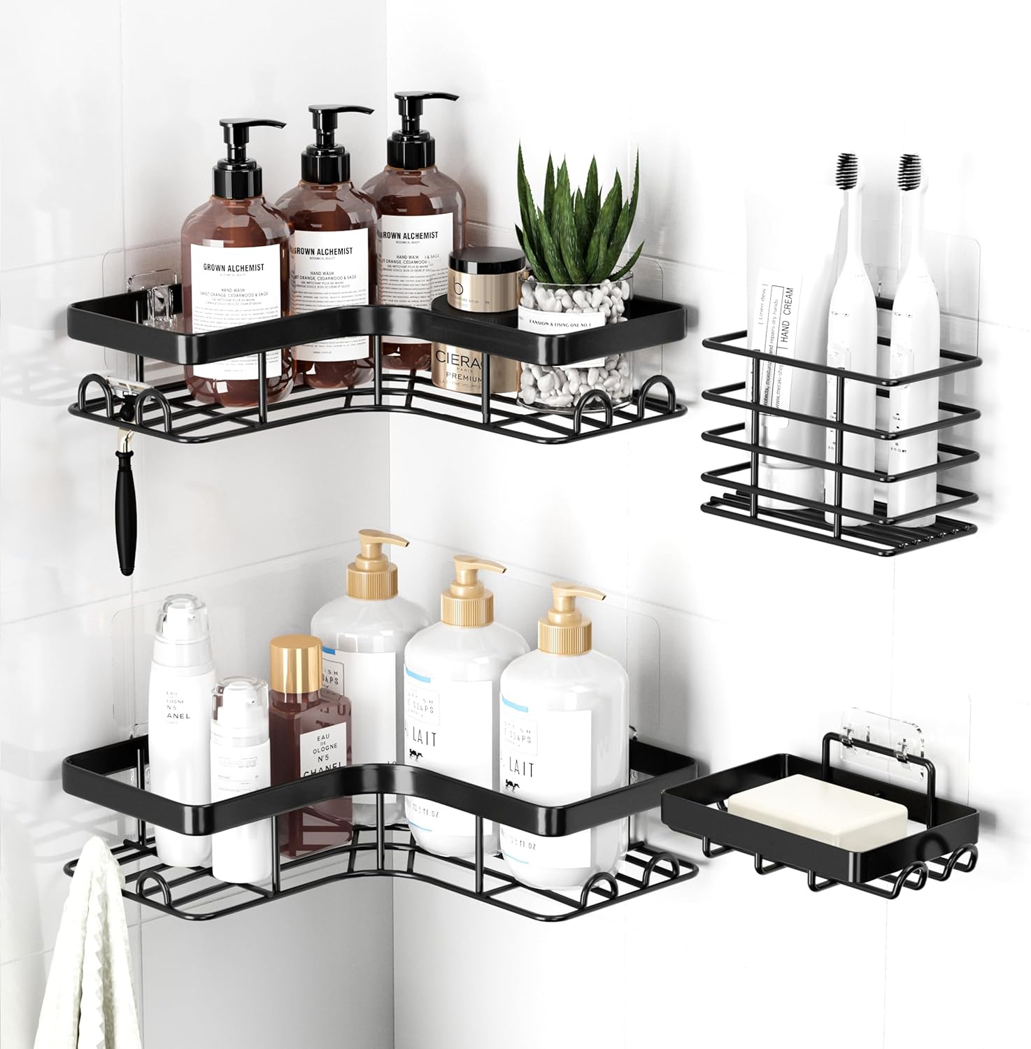 Sakugi Corner Shower Caddy - 4-Pack Shower Organizer with Soap Holder & Toothbrush Holder, Rustproof Metal Shower Shelves, Laundry, Kitchen, Bathroom Organizers and Storage Solution, Large, Black