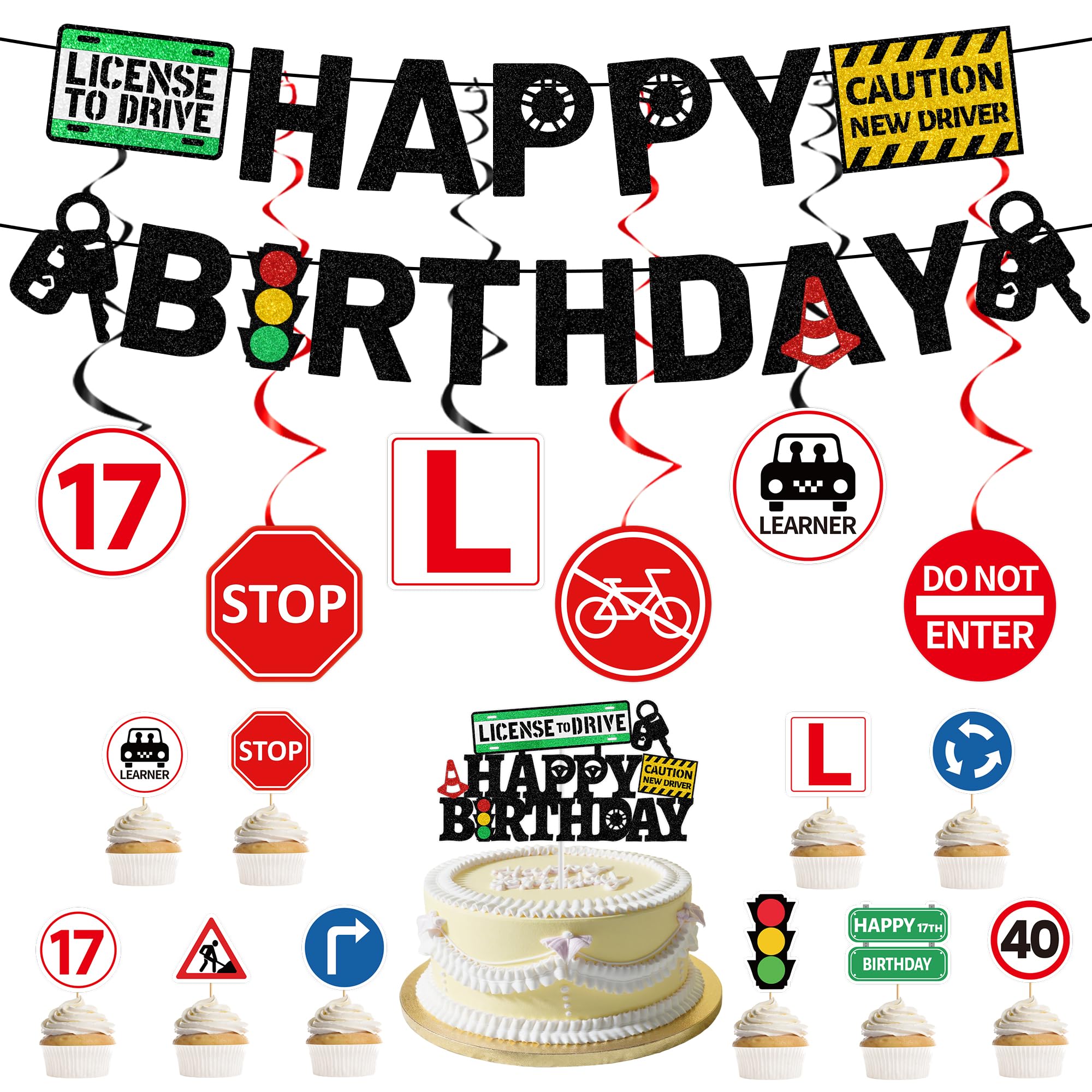 Learner Driver Gifts 17th Birthday Decorations - 19 Pcs Learner Driving Banner Cake Toppers 17th Driver License Transportation Car Road Signs Theme Party Supplies for 17 Year Old Birthday Decorations