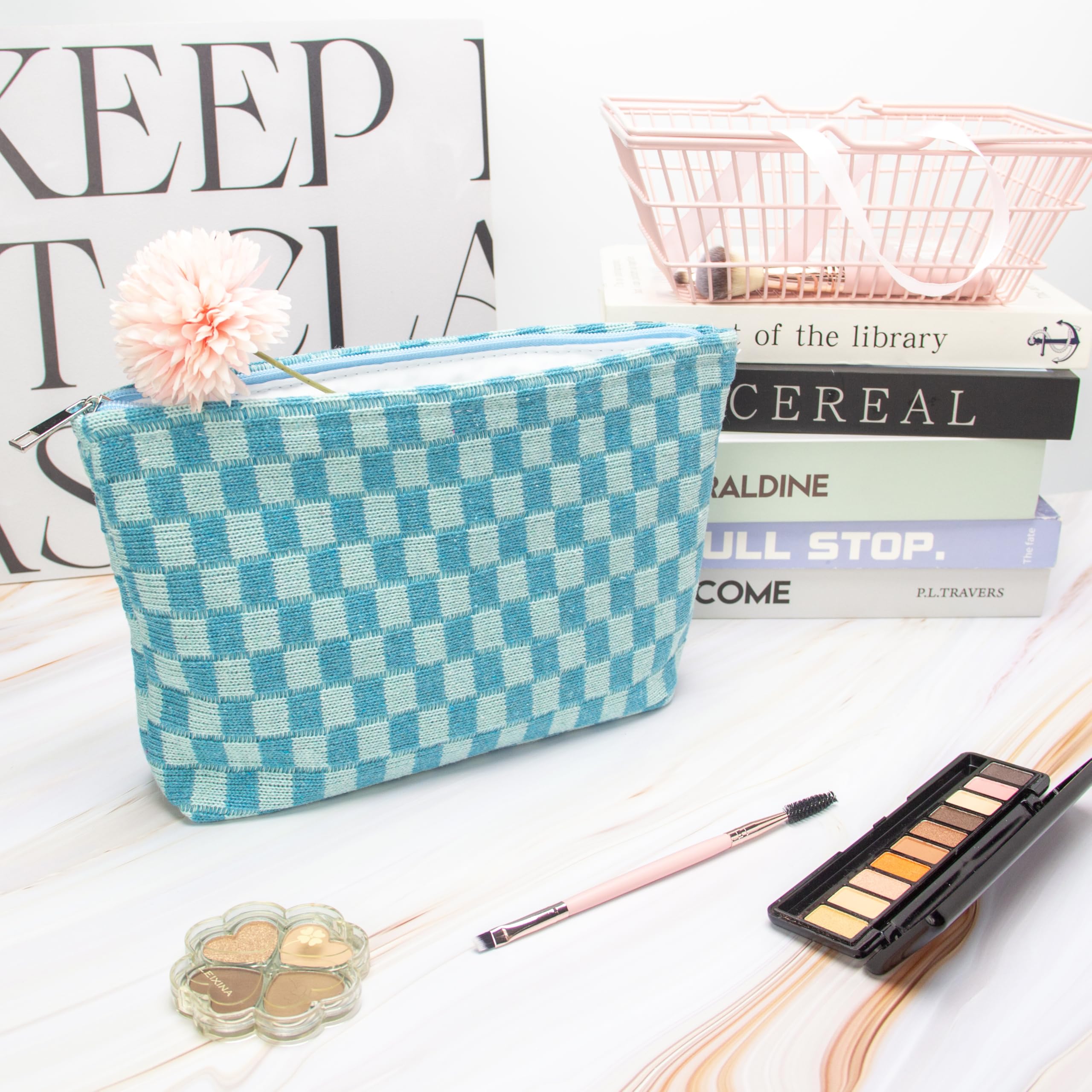 PAZIMIIK Karierte Make-up-Tasche für Geldbörse, tragbar, mit Reißverschluss, kleine Kosmetiktasche für Reisezubehör, B-lake blue