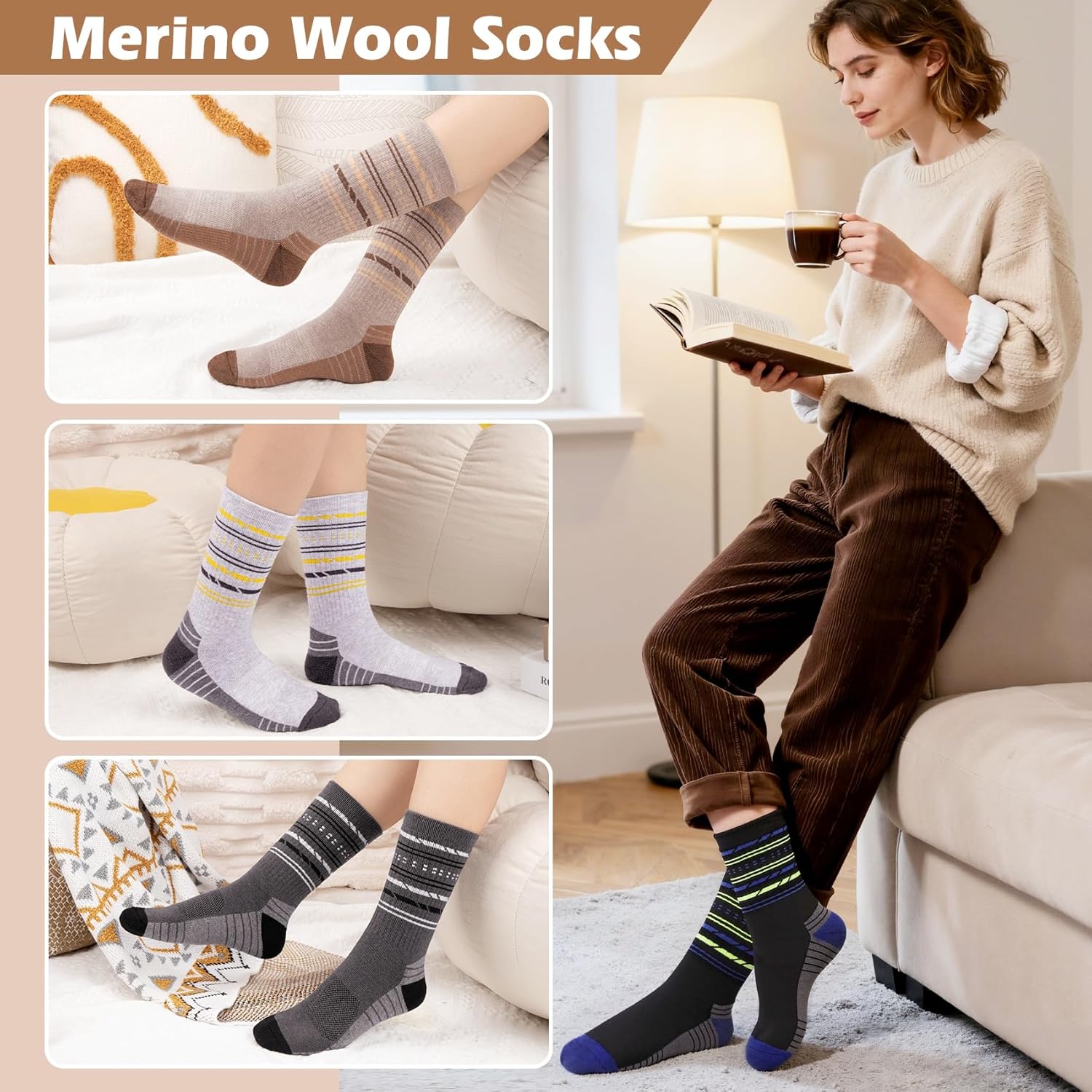 5 Pairs Womens Merino Wool Hiking Socks Winter Warm Crew Moisture Wicking Thick Cushioned Striped Boot Socks - Image 2