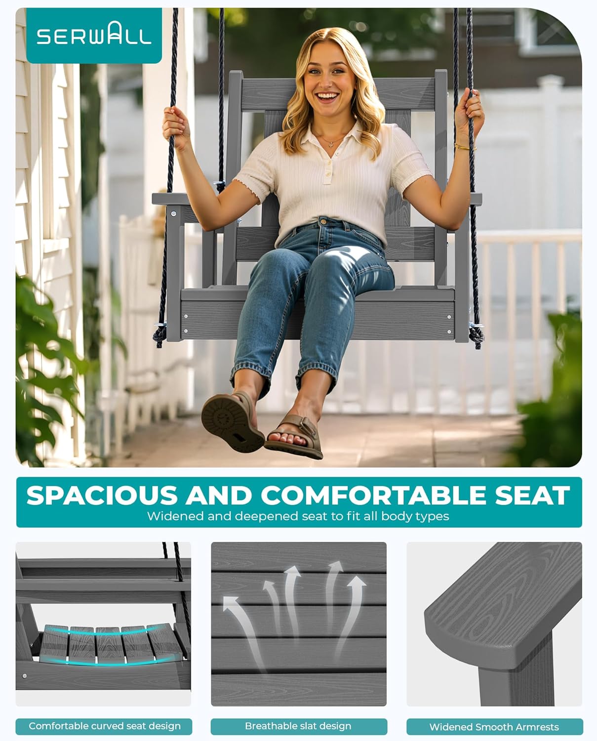 SERWALL HDPE Single Porch Swing, Heavy Duty Single Person Swing Chair with 2 Polypropylene Hanging Ropes, Adirondack Hanging Chair for Outdoor Front Porch Patio Garden Yard, Gray