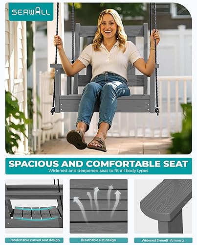Miniatura 3 de SERWALL Columpio de porche individual HDPE, silla columpio resistente para una sola persona con 2 cuerdas colgantes de polipropileno, silla colgante
