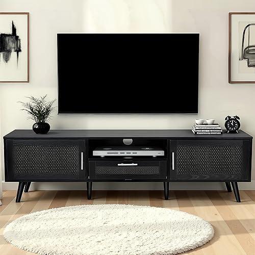Miniatura 9 de Finnhomy Soporte de TV bohemio de 59 pulgadas para TV de hasta 70 pulgadas, consola de TV con 2 puertas decoradas de ratán hechas a mano, mesa de TV