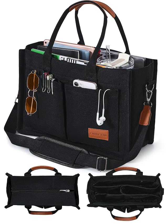FIORETTO Canvas Tote Bag for Women with Zipper Closure Individual Compartments for Work College for Teacher Nurse