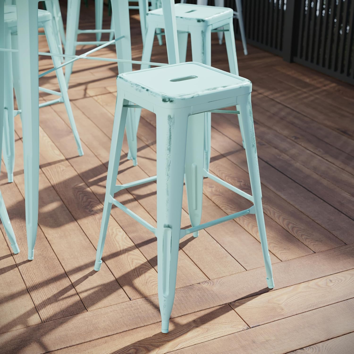 BizChair Commercial 30" H Backless Distressed Green-Blue Metal Indoor-Outdoor Barstool