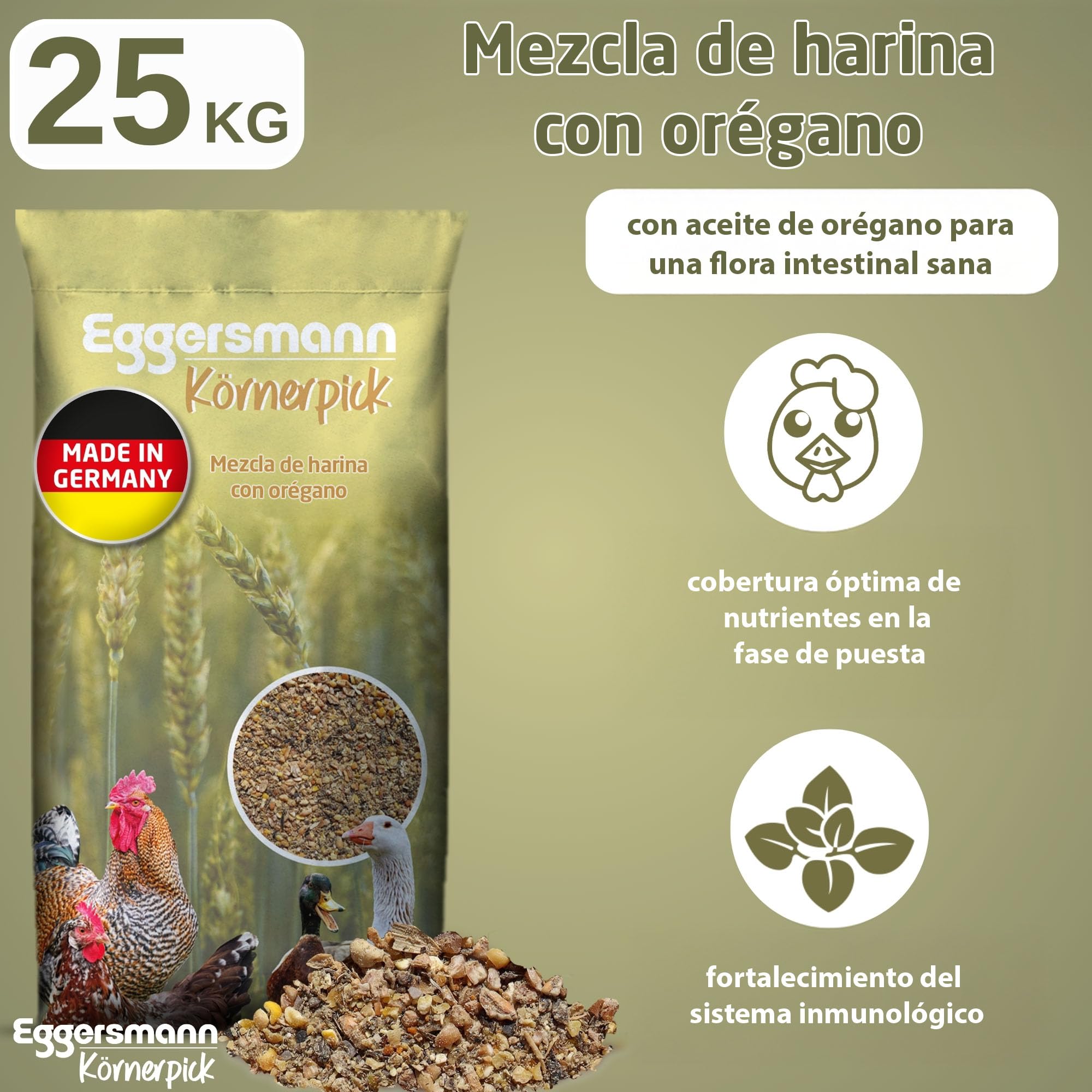 Eggersmann Körnerpick 25 kg de pienso para Pollos - Mezcla de harina de orégano - harina de gallina ponedora con el Poder Natural del orégano - harina de ponedora Premium para gallinas, Gansos y Pato