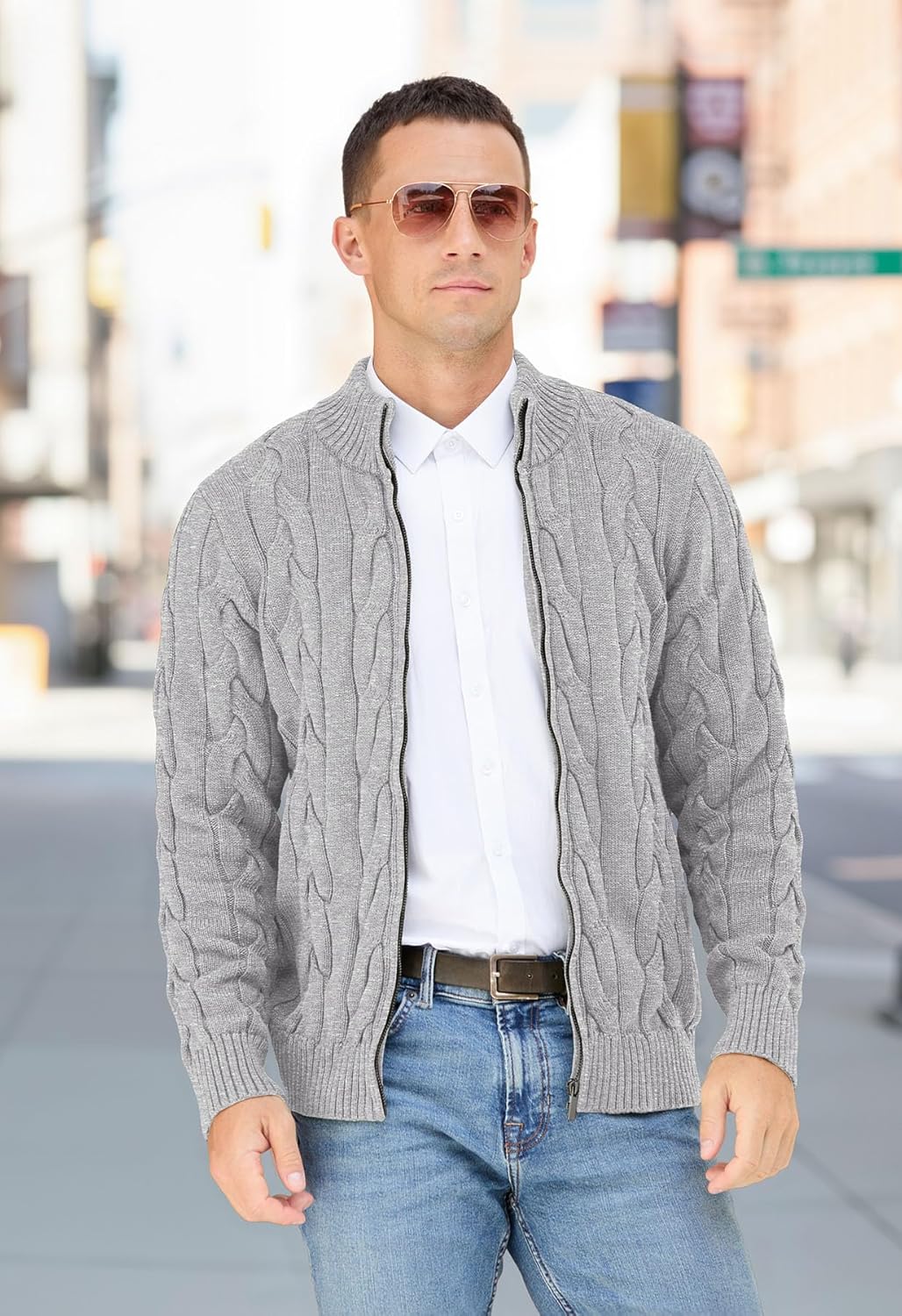 NITAGUT Mens Full Zip Up Cardigan Sweater Casual Stand Collar Cable Knit Winter Sweaters - Image 3