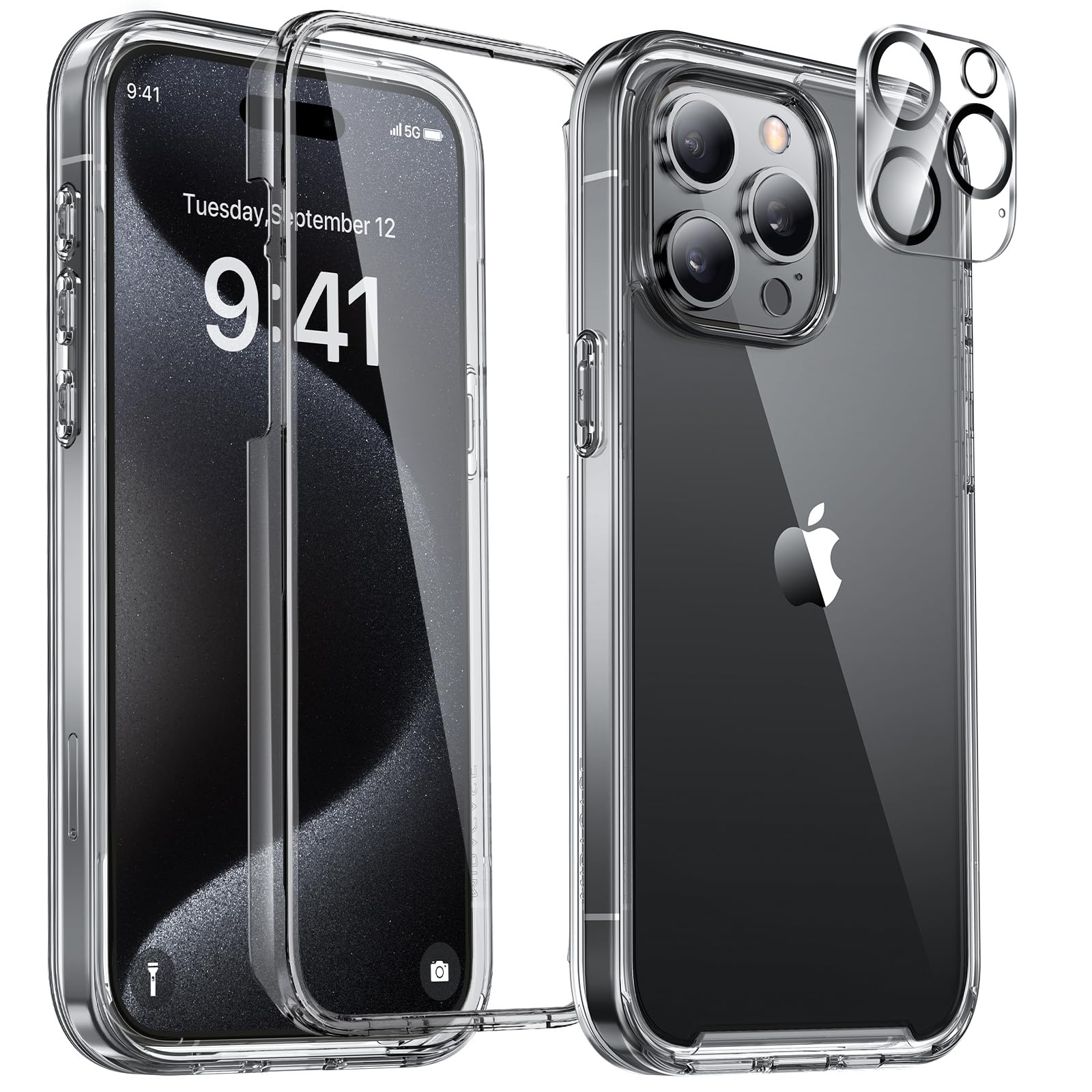 ( similar) Miracase Glass Series for iPhone 15 Pro Case 6.1 Inch, Full-Body Drop Proof Phone Case for iPhone 15 Pro with Built-in 9H Tempered Glass Screen Protector + Camera Protector, Clear Grey