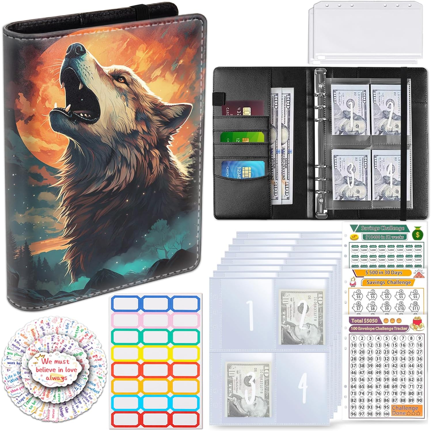 100 Envelopes Money Saving Challenge, Money Saving Budget Binder with Cash Envelopes, Motivational Process to Save $5050, A5 Saving Challenge Book, Wolf Roaring Painting