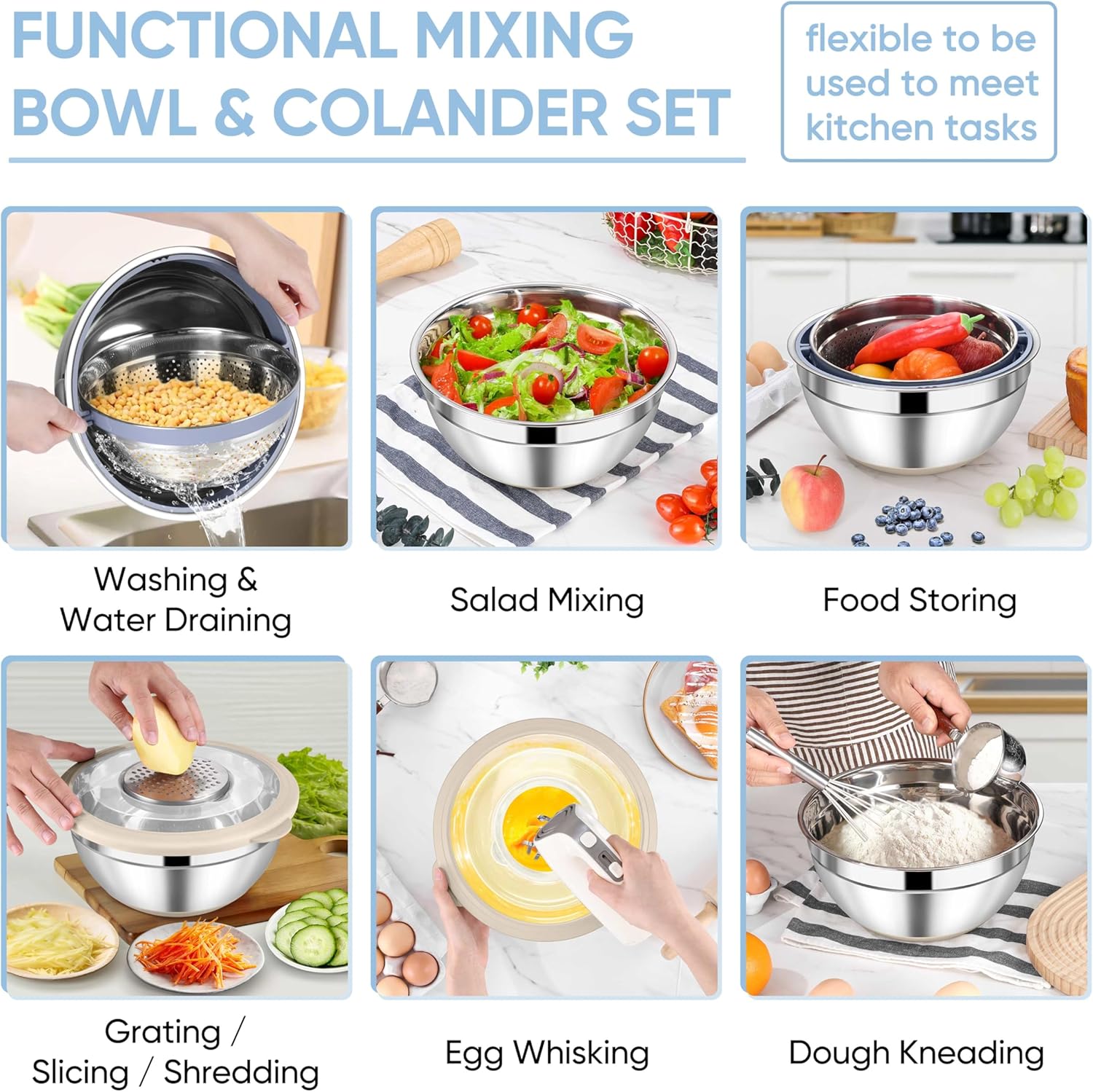 TeamFar 4-1 Colander with Bowl Set, Rotatable Colander for Kitchen, Stainless Steel Food Strainers and Colanders Mixing Bowl with Graters, for Veggies Fruits Washing, Pasta Straining - Khaki