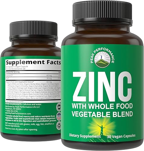 Suplemento vegano de zinc con vitamina C + mezcla de alimentos integrales de 25 verduras y frutas para una máxima absorción. Suplementos de zinc
