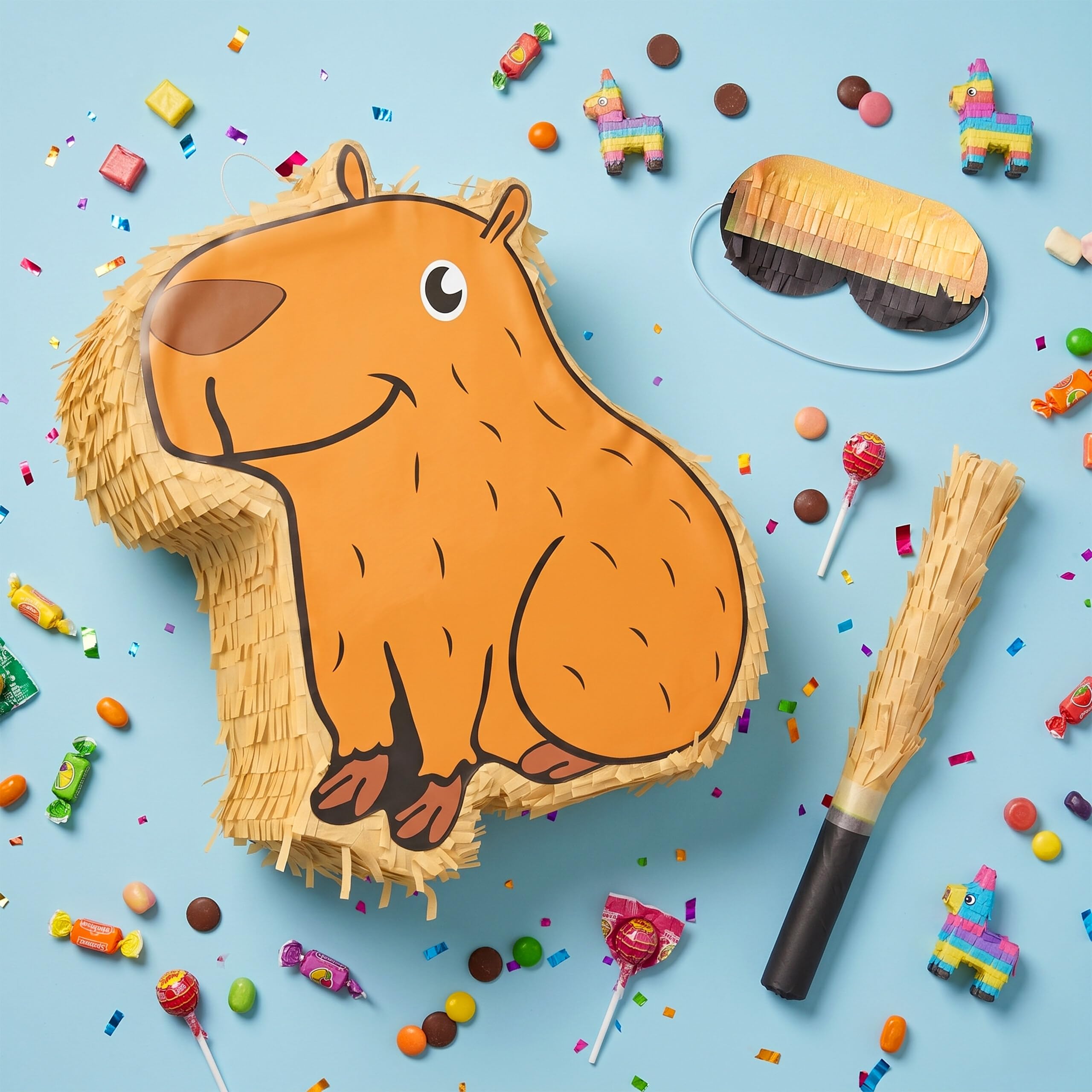 Relaxdays Piñata Capybara, Set 3 pcs, 35 x 38 x 6,5 cm, à Suspendre, bâton et Masque, Non garnie, Marron