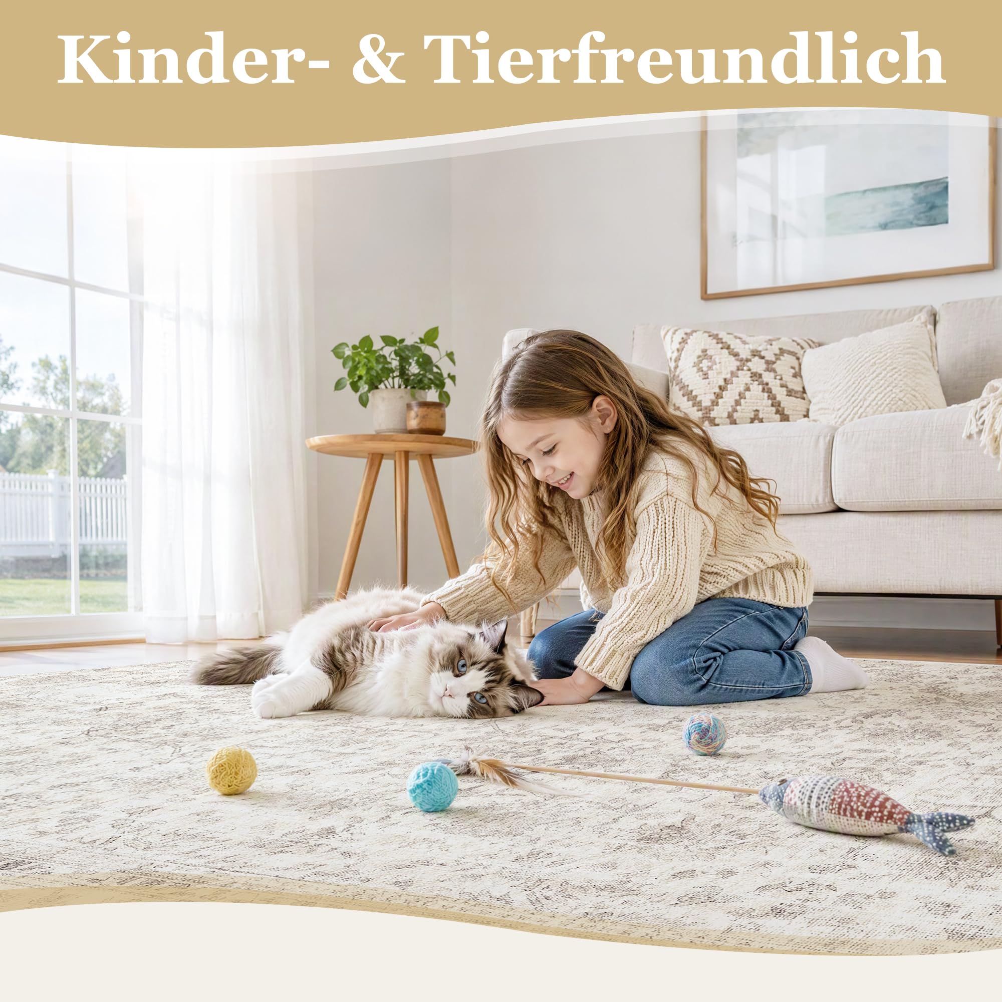 Beauoop Vintage Teppich Läufer Flur 60x240 cm Beige Waschbar Küchenteppich | Kurzflor Weich Rutschfest Retro Teppichläufer Bettvorleger Schlafzimmer Wohnzimmer Eingangsbereich Pflegeleicht Kitchen Rug