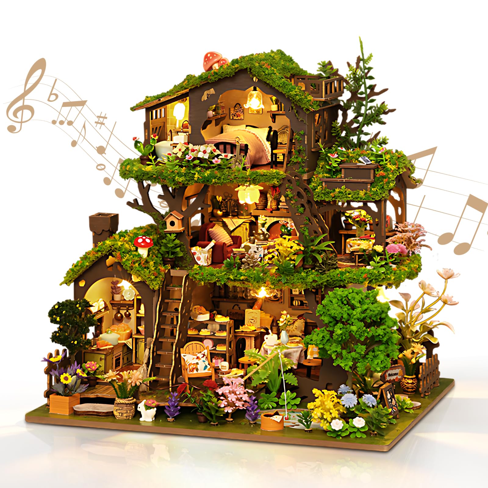 Cuteefun DIY Miniature House Kit, Treehouse Dollhouse with Music Box & LED
