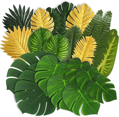 CCINEE 72 piezas de 14 tipos de hojas de palma artificiales tropicales, hojas falsas de Monstera de imitación, plantas de safari con tallos para el