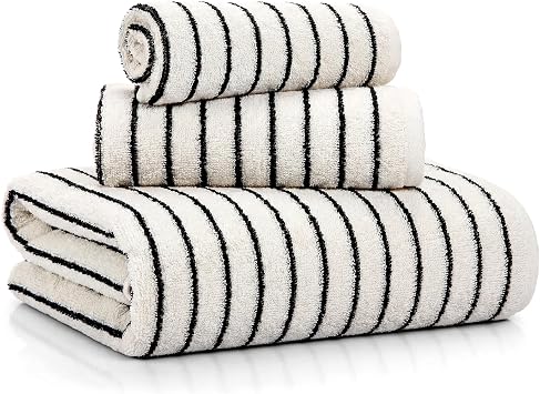 3 Pack Striped Bath Towels Set, Cotton Black and White