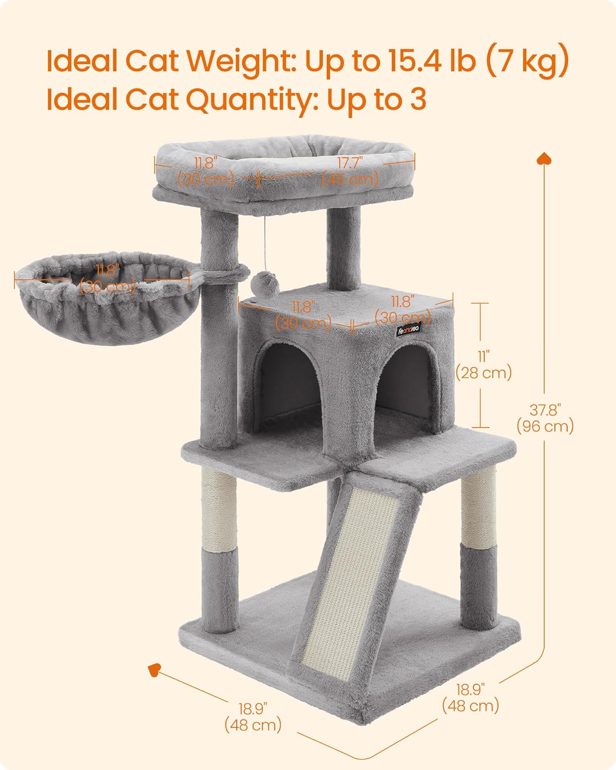 Feandrea Cat Tree, 37.8-Inch Cat Tower, Multi-Level Condo with Widened Perch, Scratching Posts and Ramp, 2-Door Cave, Hammock, Light Gray UPCT51W