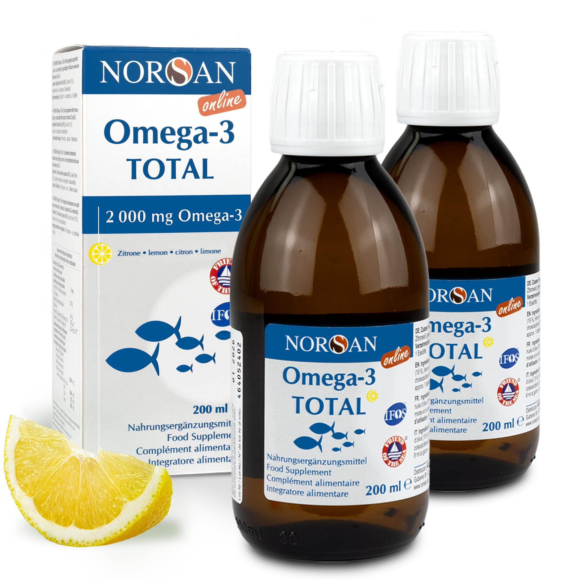 NORSAN TOTAL Zitrone Online Premium Omega 3-2er Pack (2x 200 ml) Fischöl hochdosiert mit 2.000mg Omega 3 pro Portion - Omega Öl mit EPA & DHA - Premium Öl mit 800 IE Vitamin D3