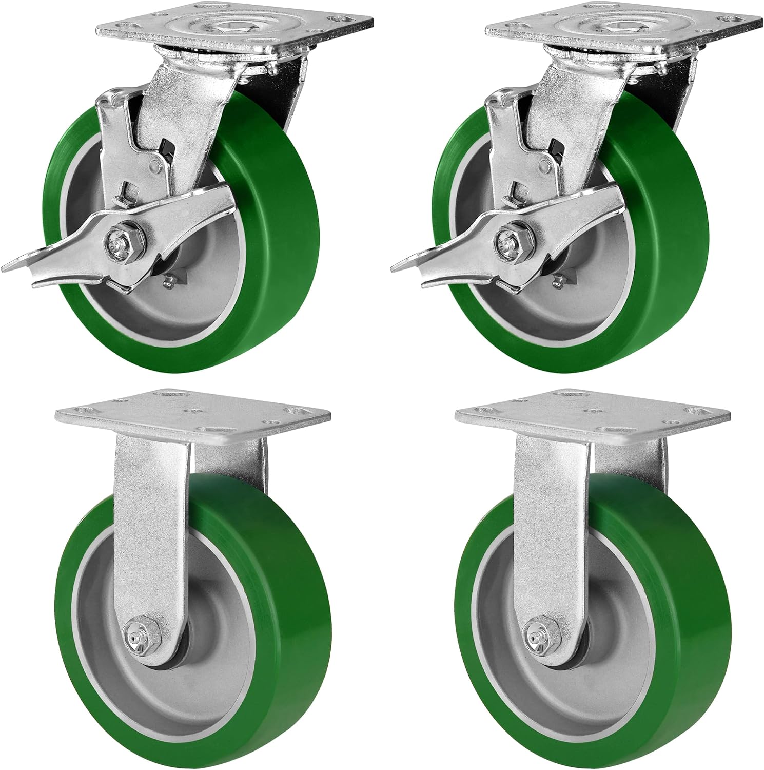6x2 Heavy Duty Casters -Industrial Casters, Polyurethane on Aluminum Caster Wheel- Set of 4 with up to 4800LB Capacity - Widely use for,U-Boat Platform Trucks (2 Brake &2 Rigid)