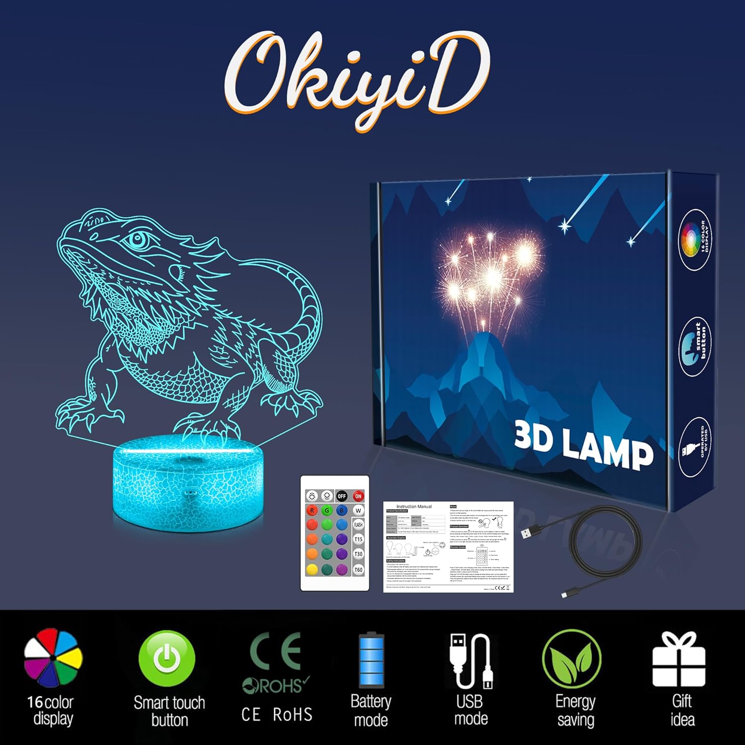 OkiyiD Bearded Dragon Night Light 3D Illusion Lamp - 16 Color Changing Remote Control, Unique Gifts for Boys Girls, Cool Bearded Dragon Lizard Tank Accessory Decor Gifts for Pet Lovers