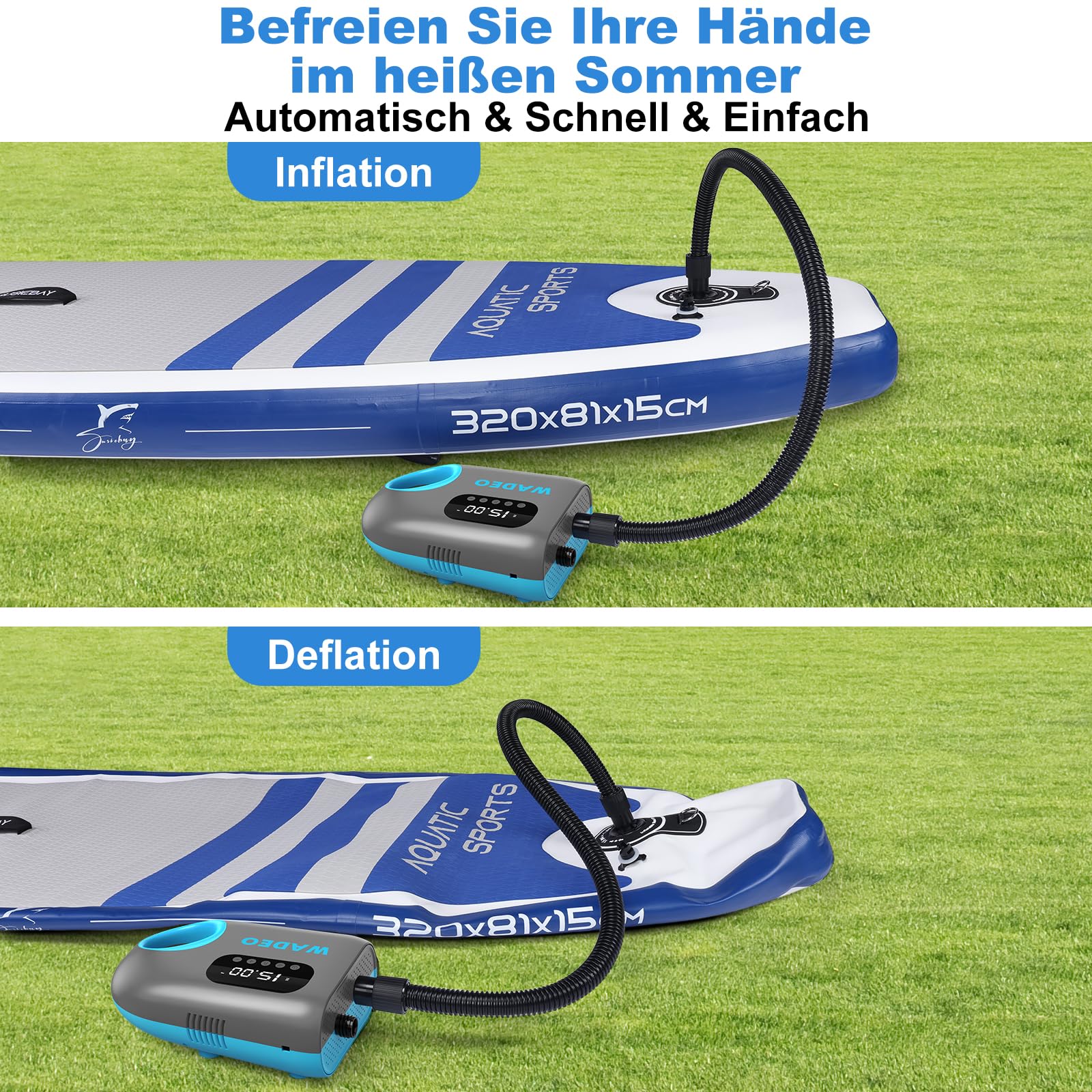 WADEO SUP Pumpe elektrisch [18000mAh], 20 PSI Hochdruck SUP Luftpumpe Akku mit LED-Licht, 110 V AC/12 V DC Schnellladung, Auto-Off für Stand Up Paddle Boards, Boote, Kajak, Matratze - Ink.Tragetasche
