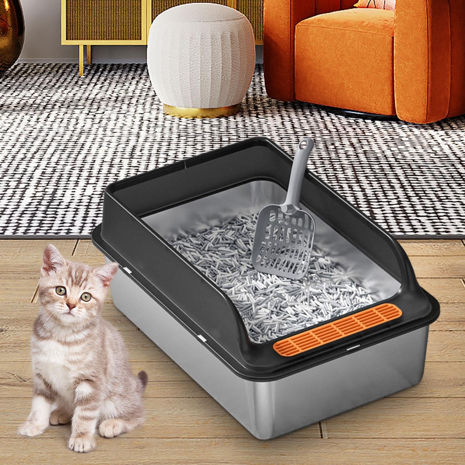 Katzenklo Edelstahl Katzenstreu Litter Pan mit Abnehmbarem Rahmen Katzen Toilette Katzen Sandkasten rutschfeste Matte für Kätzchen Große Katzen Und in, Schwarz