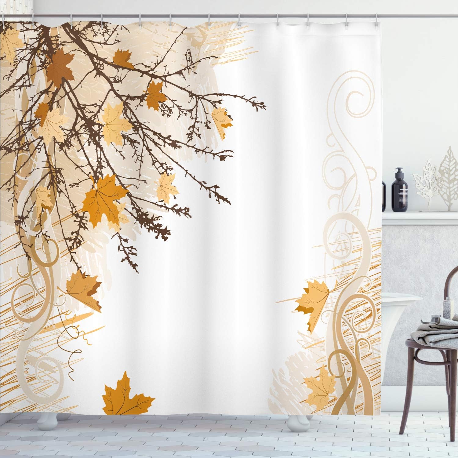 Ambesonne Nature Shower Curtain, Autumn Maple Leaves Branches in Fall Earthen Tones Faded Woodland Art Print, Cloth Fabric Bathroom Decor Set with Hooks, 69" W x 75" L, Marigold Yellow