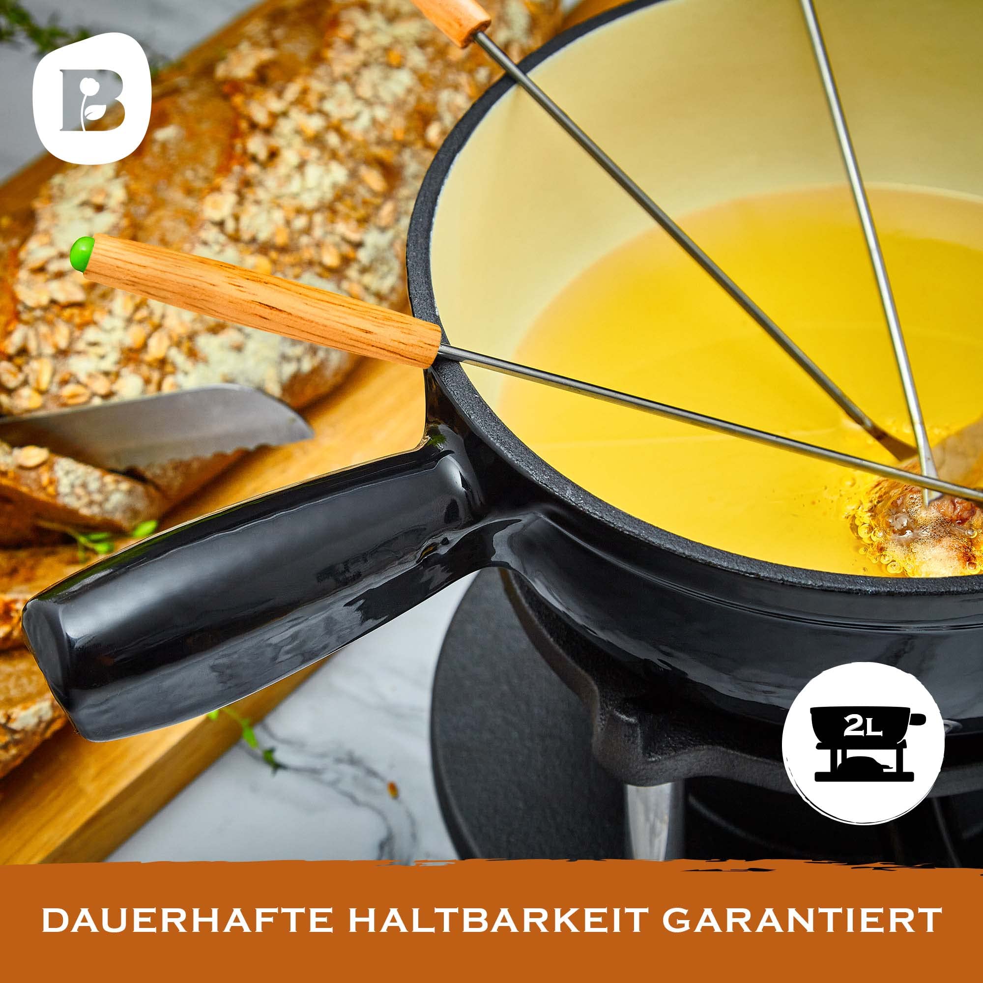 Gusseisen Fondue Set für 6 Personen - 2 Liter - Fondueset 9-teilig mit Brenner und 6 Gabeln - mit Emaille-Beschichtung - geeignet für Käsefondue Schokofondue Fleischfondue Gemüsefondue