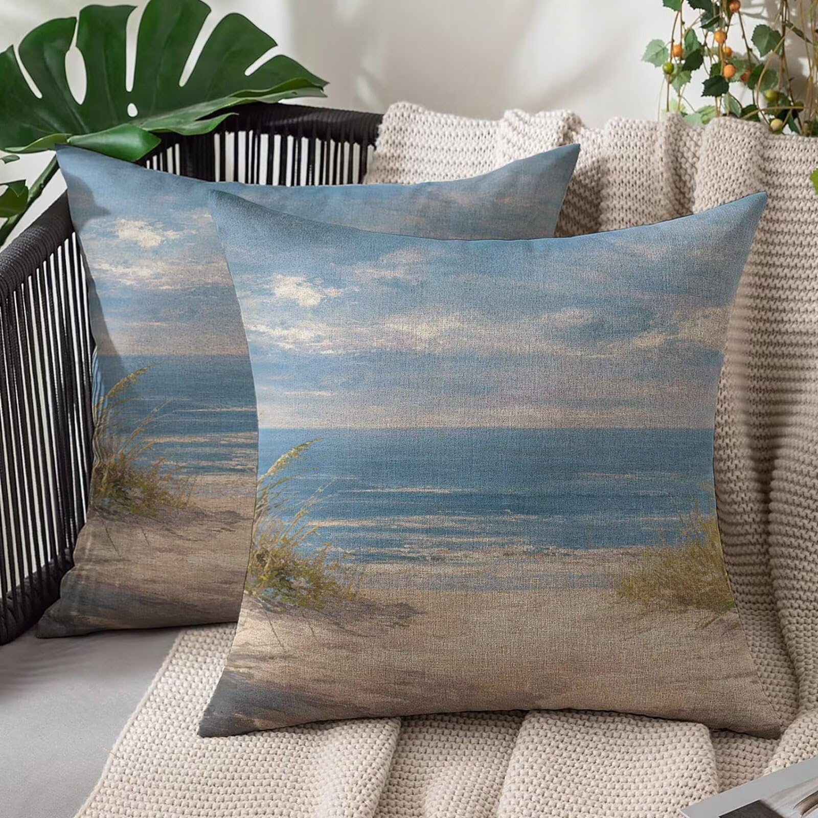 Housse de coussin imperméable 55x55 cm lot de 2 décorative motif plage S#1390
