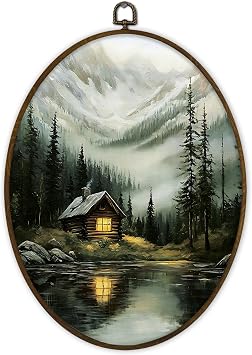 Gnmduw Lakeside Cabin Forest Landscape Oval Wall Art Framed, Vintae Cottage Canvas Prints Hanging Decor Decorations, Rustic Farmhouse Wall Decor for Home Bedroom Living Room, 8.7x11.3 Inch