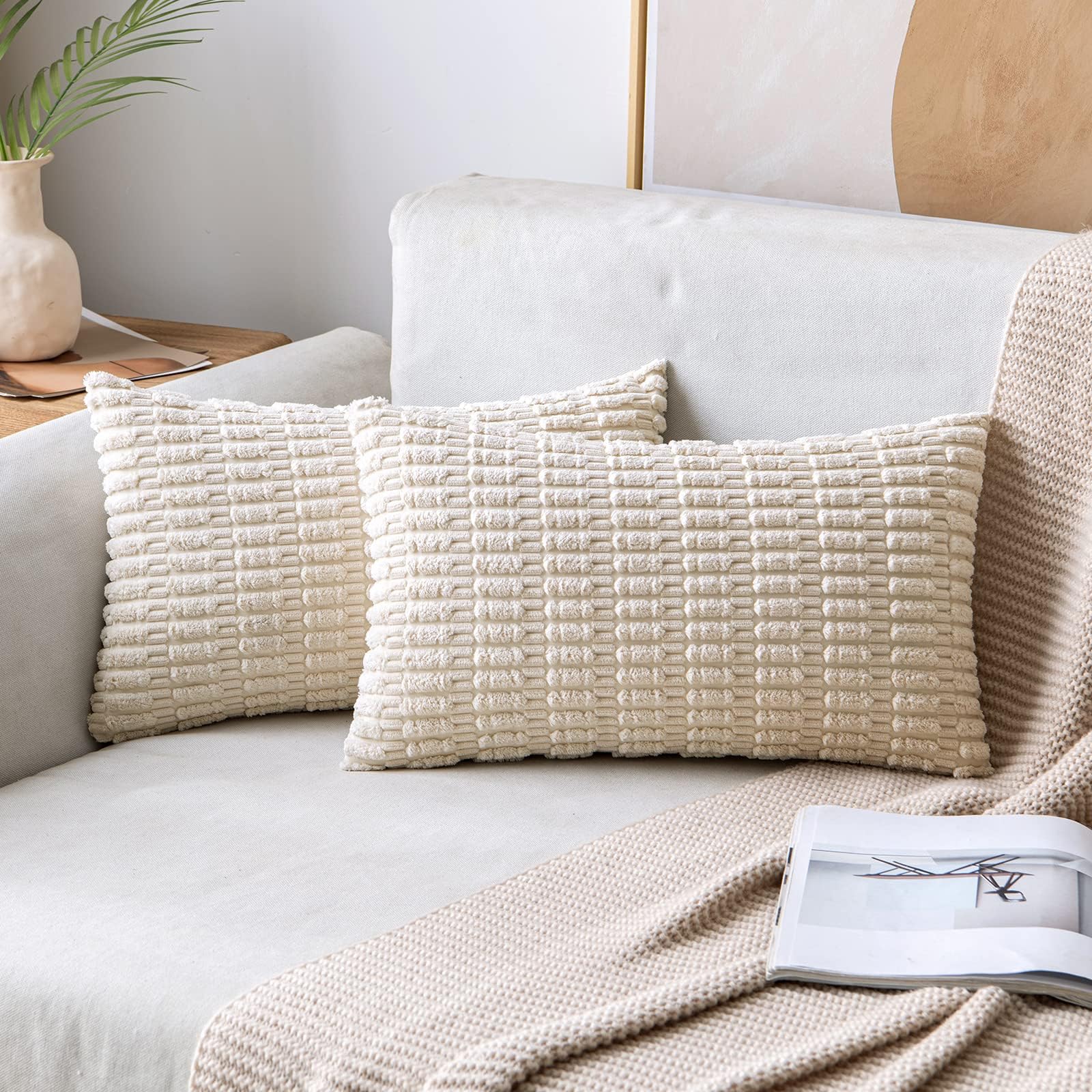 MIULEE Cushion Covers 30x50 cm Christmas Corduroy Cream White Rectangular Decorative Oblong Throw Pillow Covers 12x20 Inch Boho for Living Room Sofa Bedroom Pack of 2